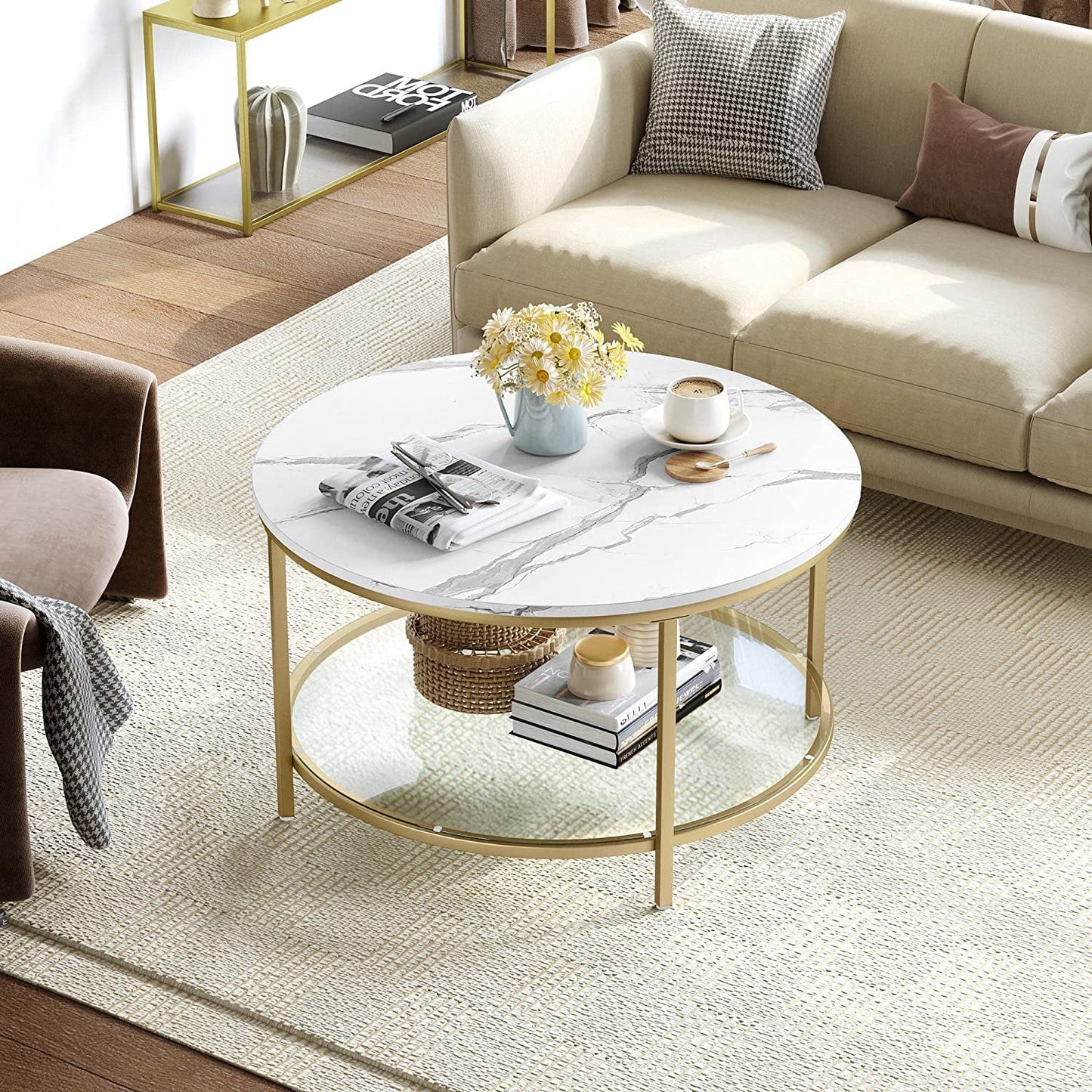 Dexturs 2-Tier round Coffee Table Marble Center Cocktail Table with Glass Open Storage Shelf, White