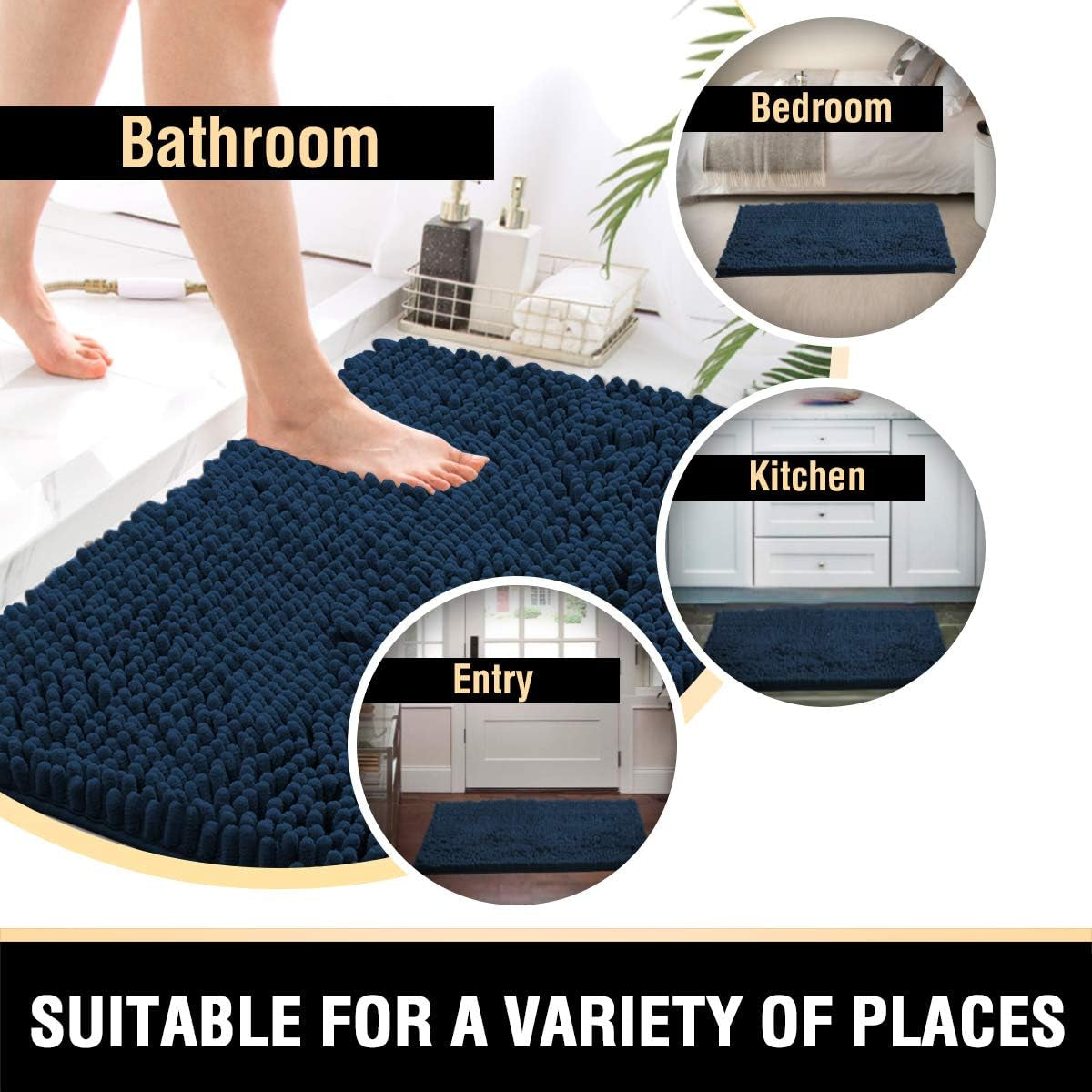 Bathroom Rugs Bath Mat Bath Rugs Bath Mats for Bathroom Non Slip Extra Thick Buncy Soft Chenille Bath Rug Fulffy Shag, Indoor Rug Carpet for Living Room (Navy, Extra Large 24" X 36")