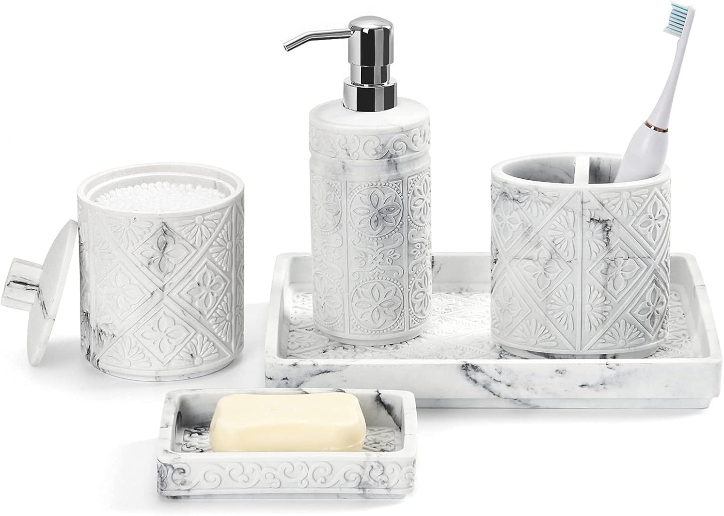 Bathroom Accessory Sets 5 Pcs, 3D Resin Vanity Tray, Toothbrush Holder Cup, Soap Dish, Cotton Swab Holder, Soap Lotion Dispenser, Home Decor Bath Counter Accessory Completes, Marble White