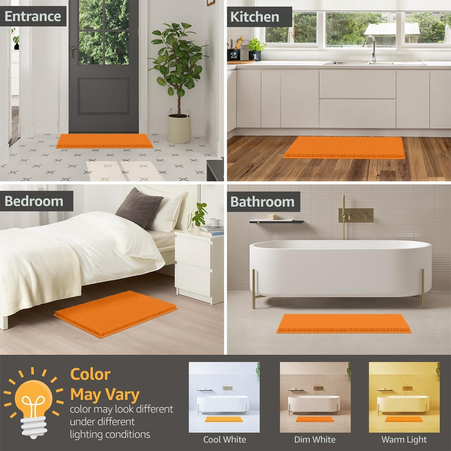 Orange Bathroom Rugs Chenille 2-Piece Bath Mat Set, Soft Plush Bath Rug +Toilet Mat.1'' Microfiber Shaggy Carpet, Super Absorbent Machine Washable - Square Curved Set (20”X 30” + 20”X20” U, Orange)