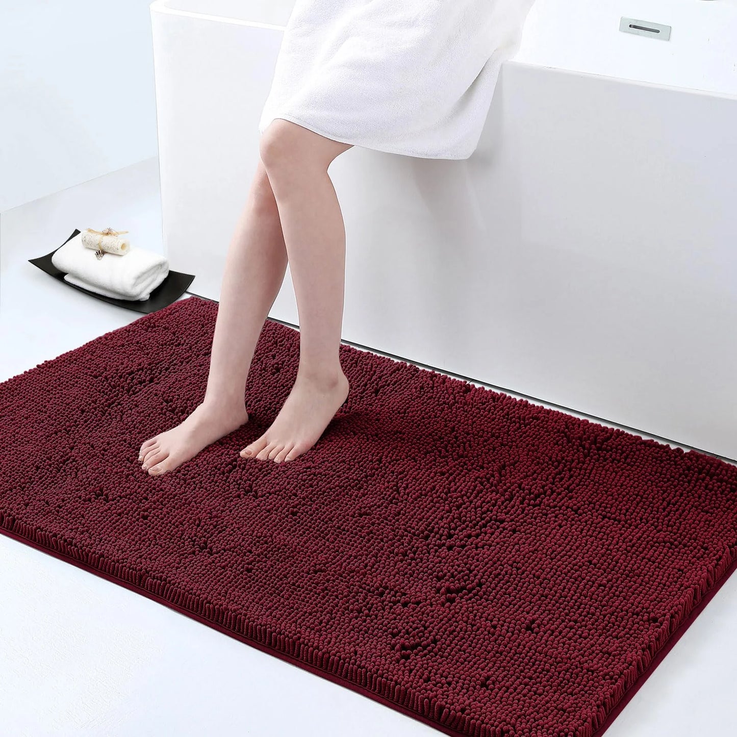 Luxury Chenille Bathroom Rugs, Extra Soft and Absorbent Bath Mat, Wine Red, 24"X47"