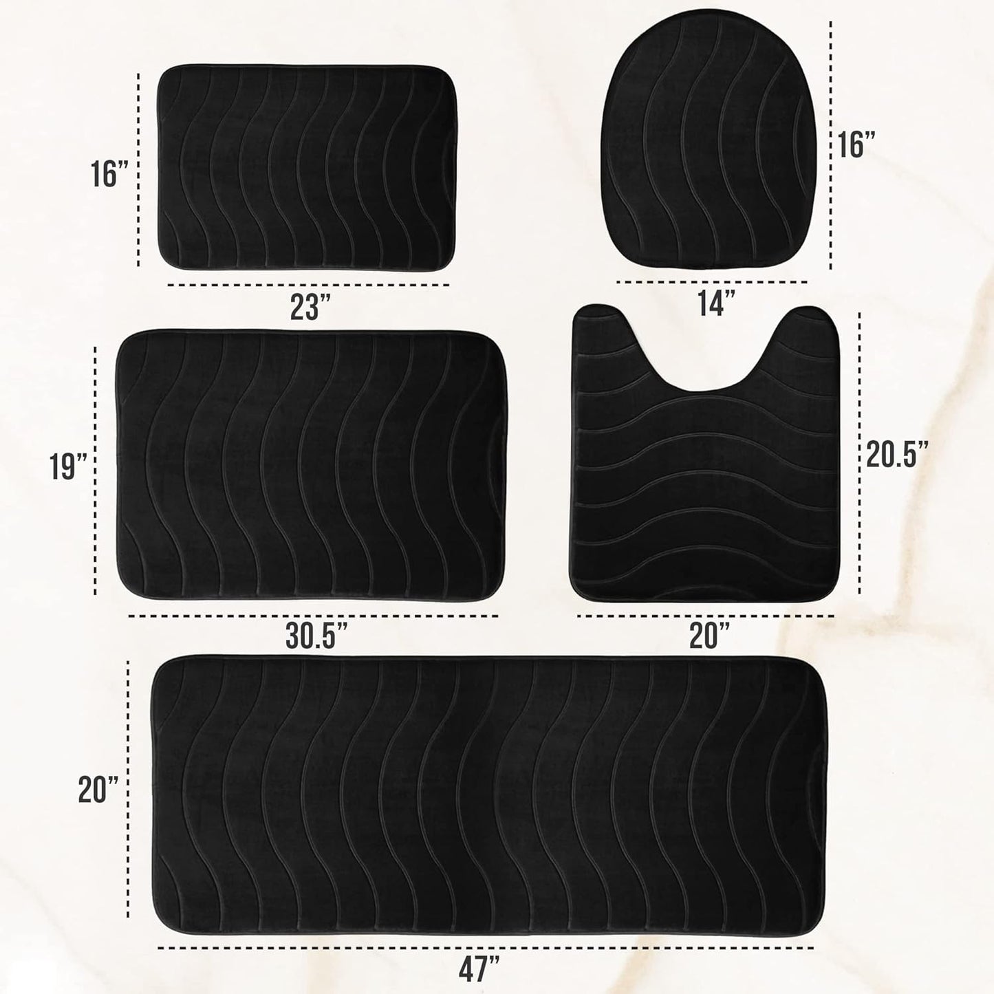 5-Piece Bathroom Rug Set - Memory Foam Bath Mat, Non-Slip, Machine Washable, Ultra-Soft, Water Absorbent, Black