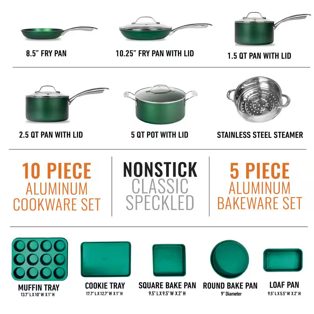 15-Piece Aluminum Ultra-Durable Non-Stick Diamond Infused Cookware and Bakeware Set in Emerald Green