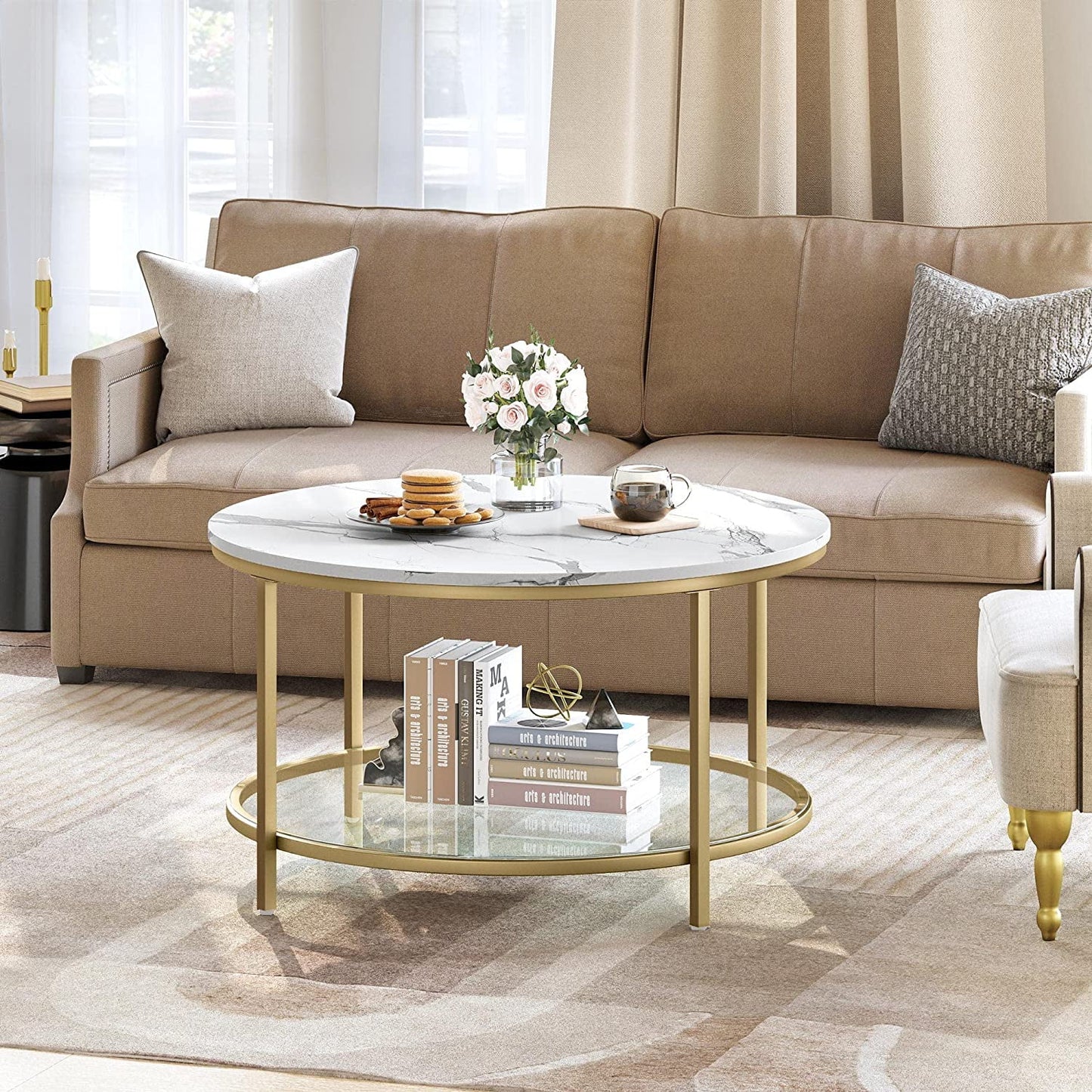 Dexturs 2-Tier round Coffee Table Marble Center Cocktail Table with Glass Open Storage Shelf, White