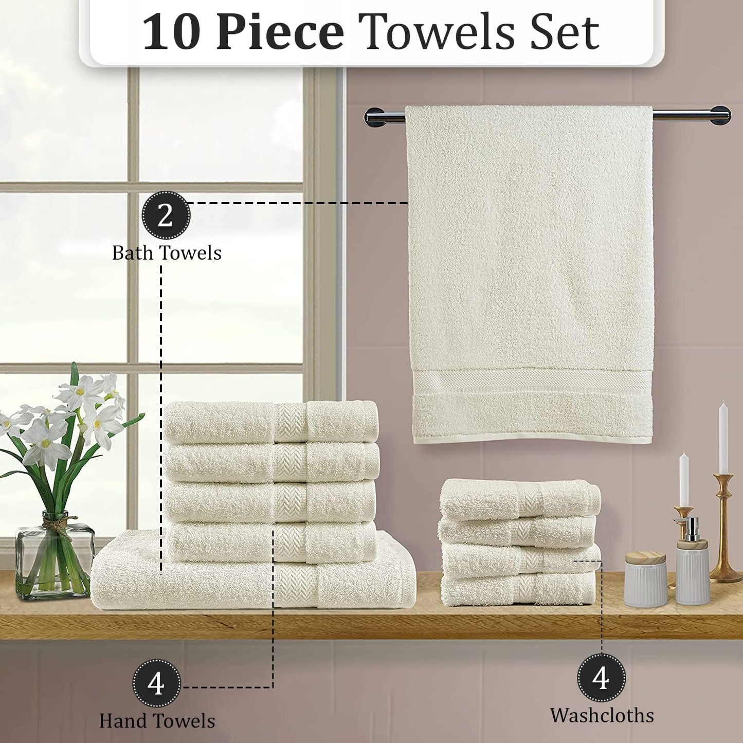 Platinum Luxury Bath Towel Set - 100% Cotton, Quick Dry, 2 Large, 4 Soft Hand, 4 Wash Towels for Body and Face