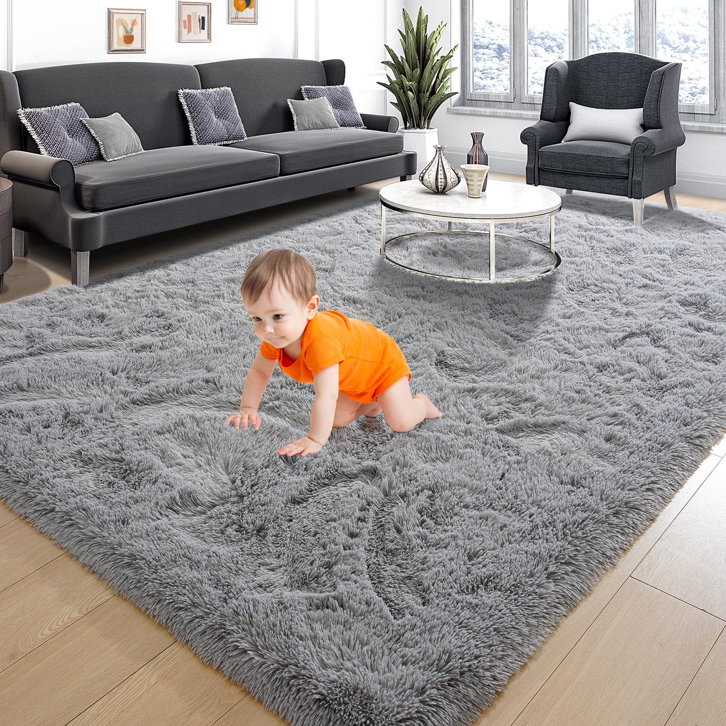 Fluffy Rugs, 8Ft X 10Ft Shaggy Rugs for Living Room Bedroom, Area Rug for Indoor Home Floor Carpet Mat Silver Gray