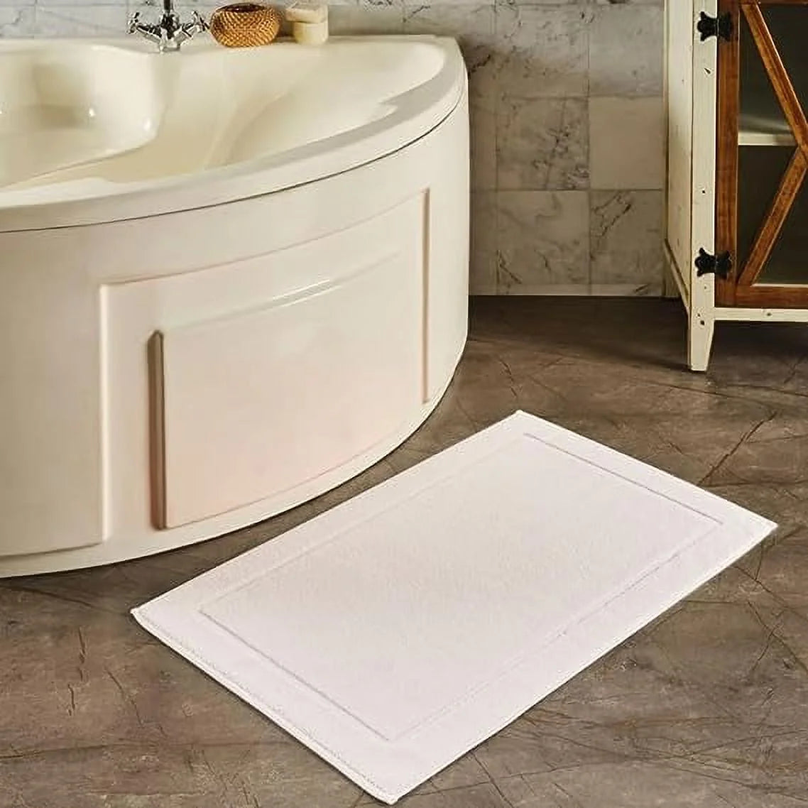 Cream Bath Mats, 21 X 34 Inches, Pack of 2 - 100% Ring Spun Cotton, Banded Design, Highly Absorbent, Machine Washable for Bathroom Floor