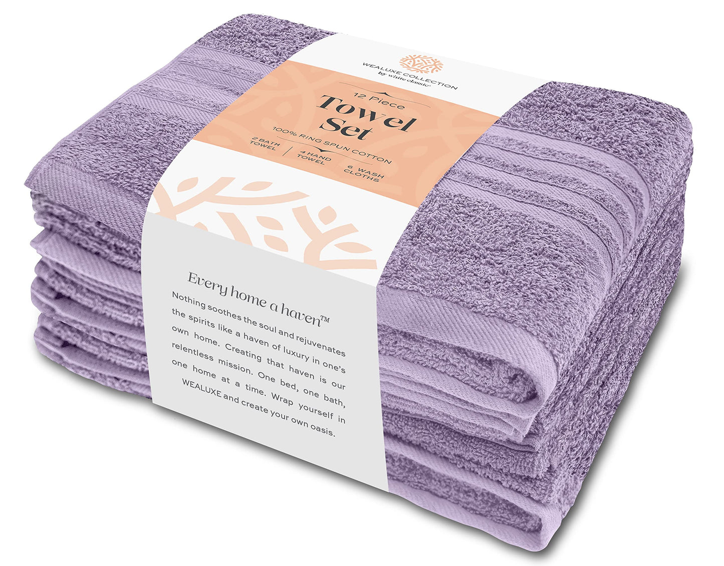 12 Piece Bath Towel Set for Bathroom - Wealuxe Collection 2 Bath Towels, 4 Hand Towels, 6 Washcloths 100% Cotton Soft and Plush Highly Absorbent, Soft Towel for Hotel & Spa - Lavender