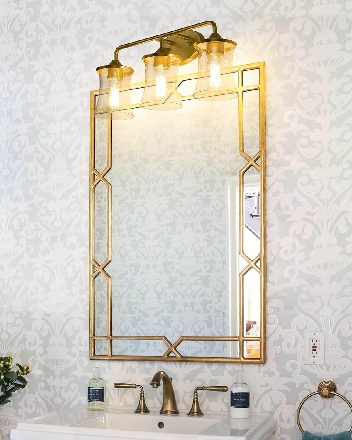 Brushed Gold Bathroom Light Fixtures, Vanity Lights for Bathroom with Seeded Glass Shade for Bathroom