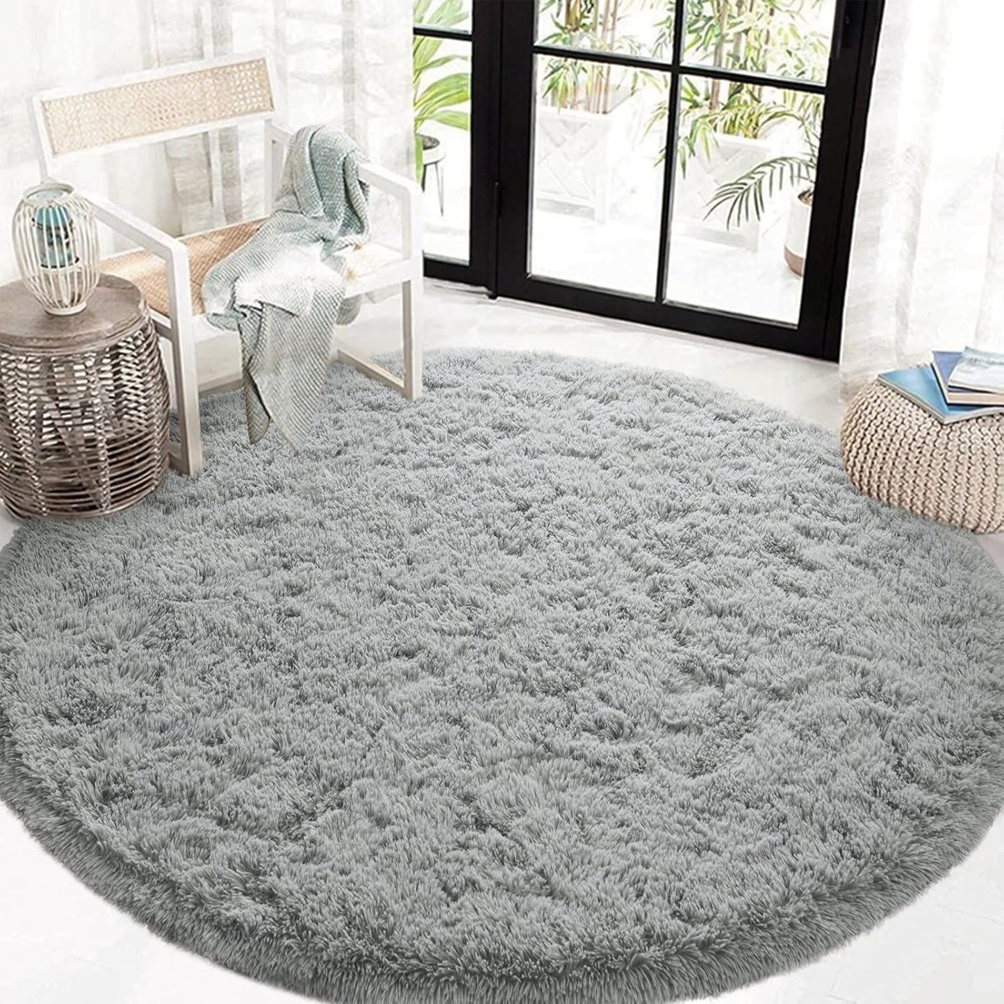 Fluffy round Rug for Kids Room, Soft Circle Area Rugs for Girls Bedroom, Cute Princess Castle Nursery Rug Shaggy Circular Carpet for Teens Girls Baby Bedroom Home Decor, 4 X 4 Feet Grey