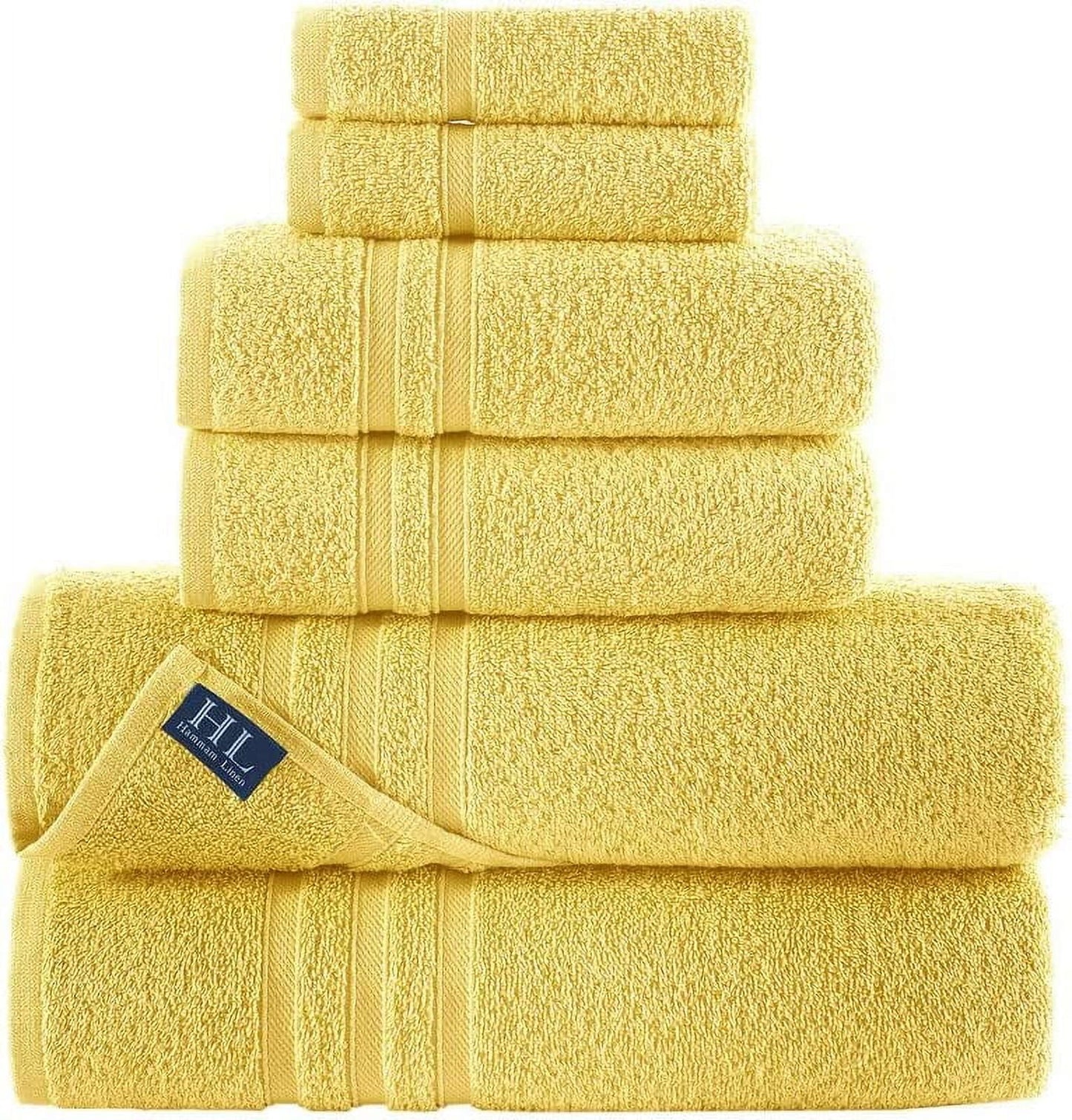 6-Pack Bath Towel Set - 100% Turkish Cotton, Plush, Soft, Lightweight, Absorbent, Yellow Bathroom Set - 2 Bath Towels, 2 Hand Towels, 2 Washcloths - Luxury Bathroom Towels for Spa, Airbnb