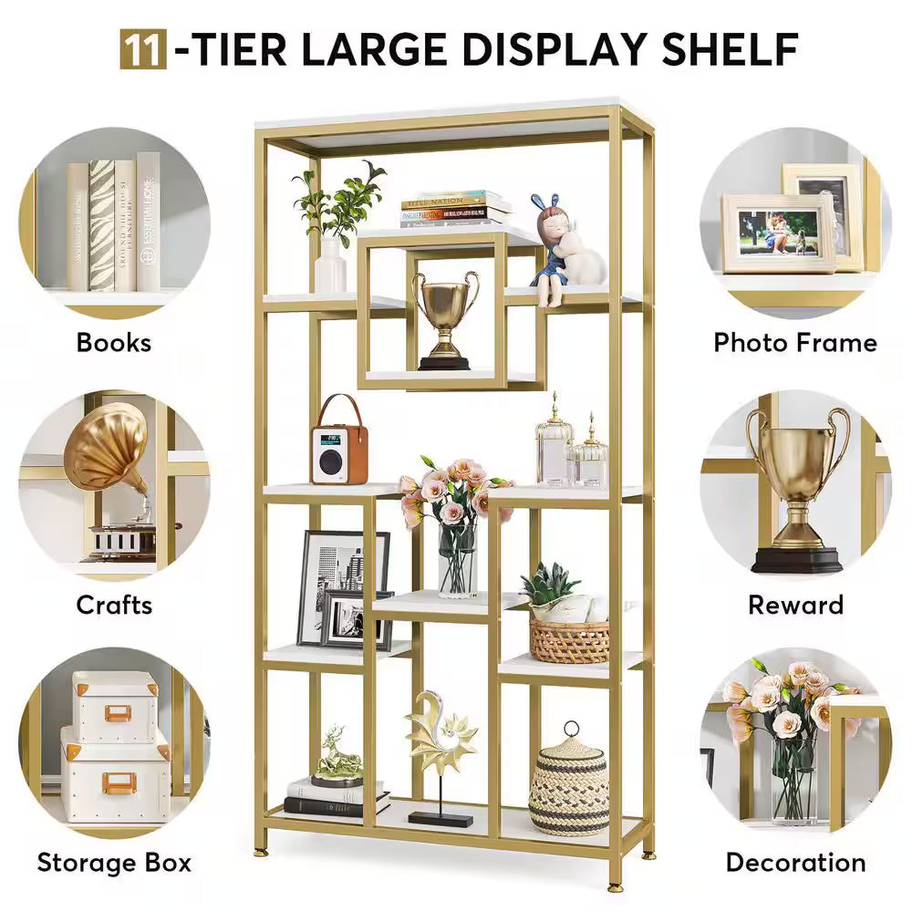 Frailey 71 In. Gold White Tall 11-Tier Large Open Display Bookshelf Geometric Cubed Bookcase Modern Storage Home Office
