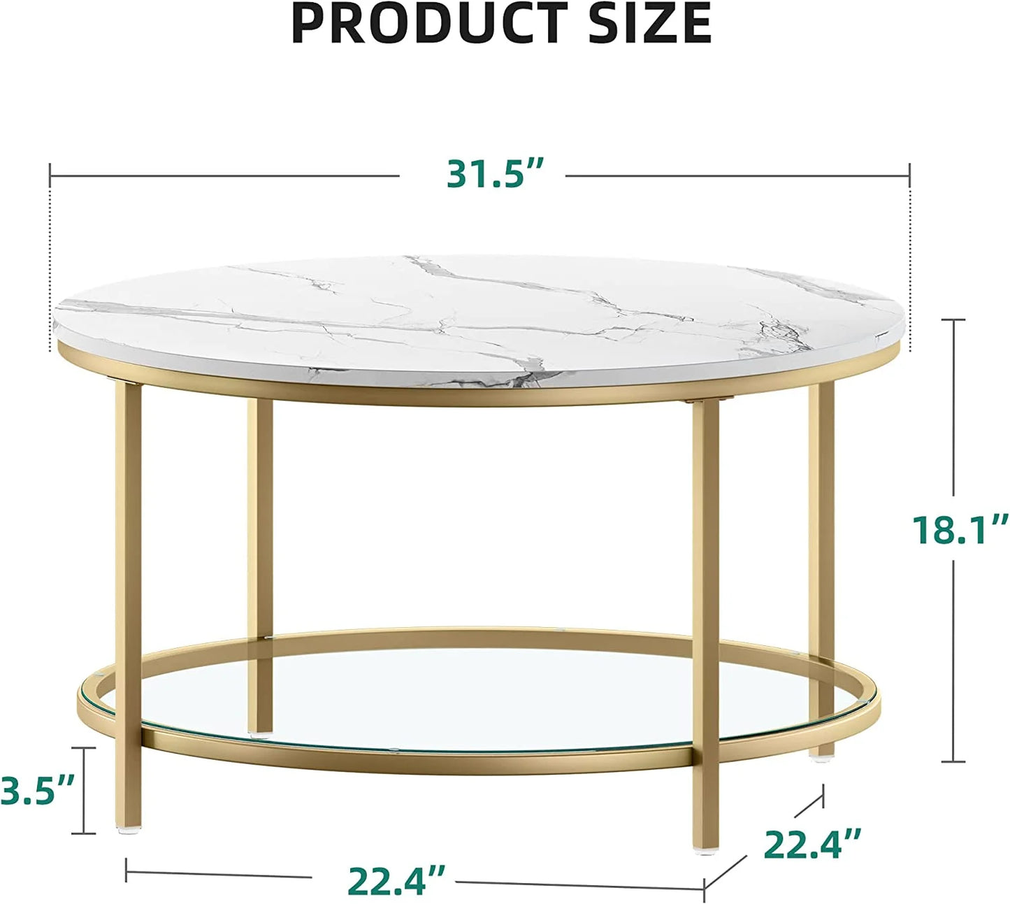 Dexturs 2-Tier round Coffee Table Marble Center Cocktail Table with Glass Open Storage Shelf, White