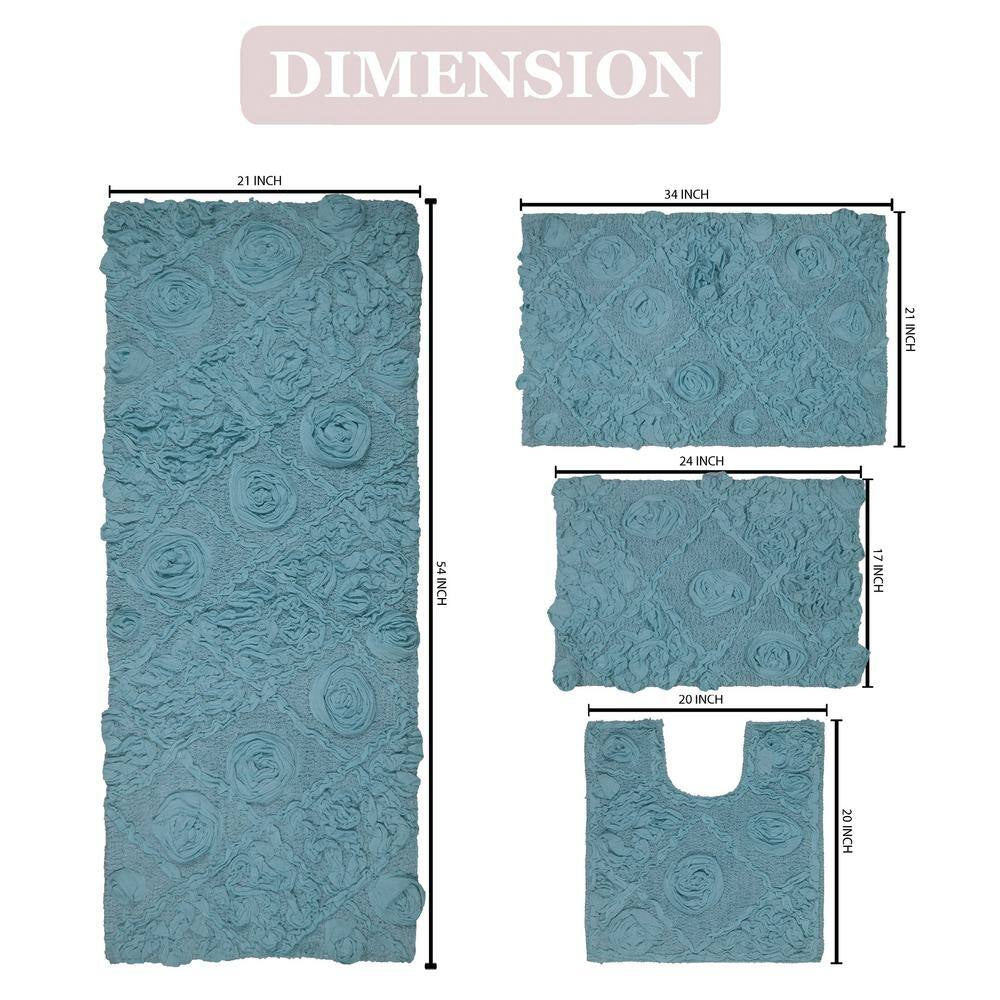 Modesto Bath Rug 100% Cotton Bath Rugs Set, 4-Pcs Set with Runner, Blue