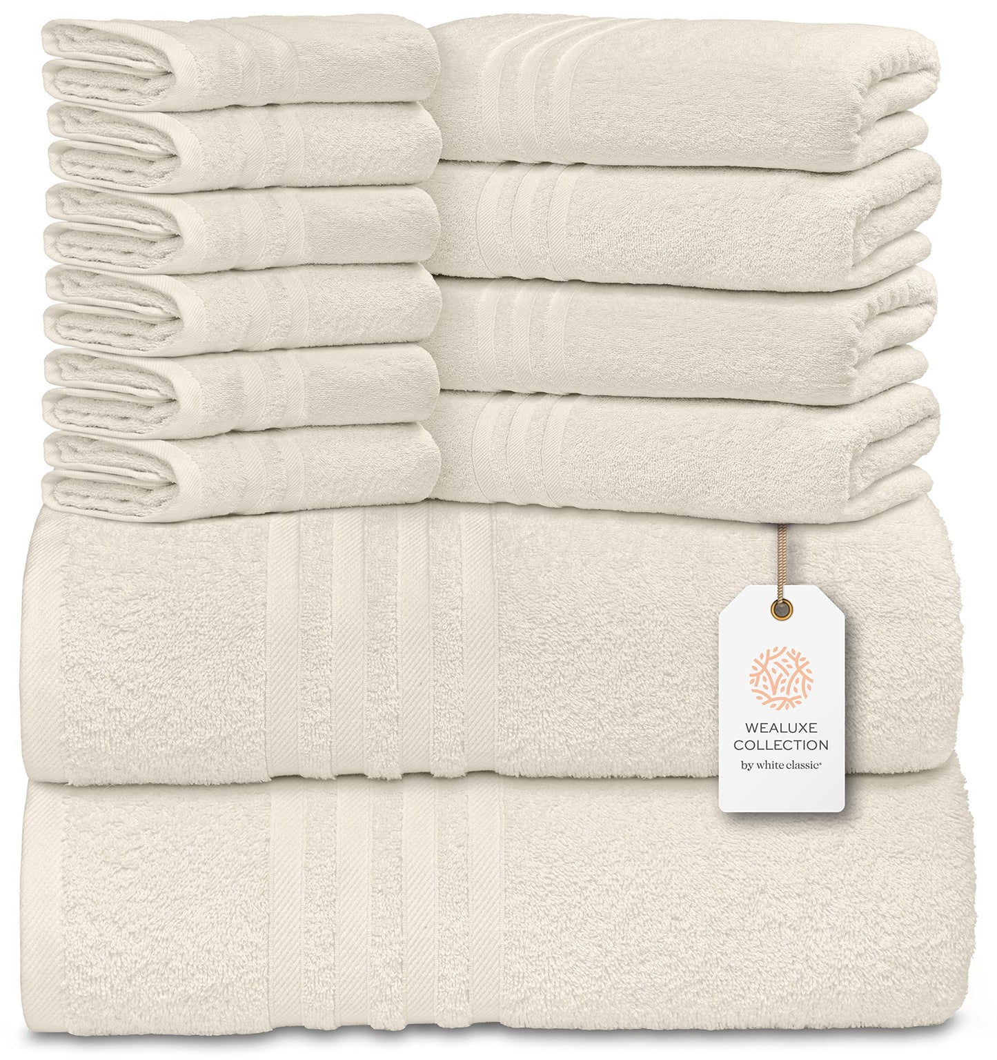 12 Piece Bath Towel Set for Bathroom - Wealuxe Collection 2 Bath Towels, 4 Hand Towels, 6 Washcloths 100% Cotton Soft and Plush Highly Absorbent, Soft Towel for Hotel & Spa - Ivory