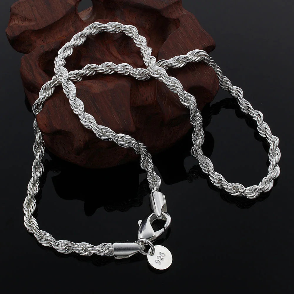 925 Sterling Silver Necklace 4Mm Silver Chain Twisted Rope and Chain Men and Women Jewelry Gift