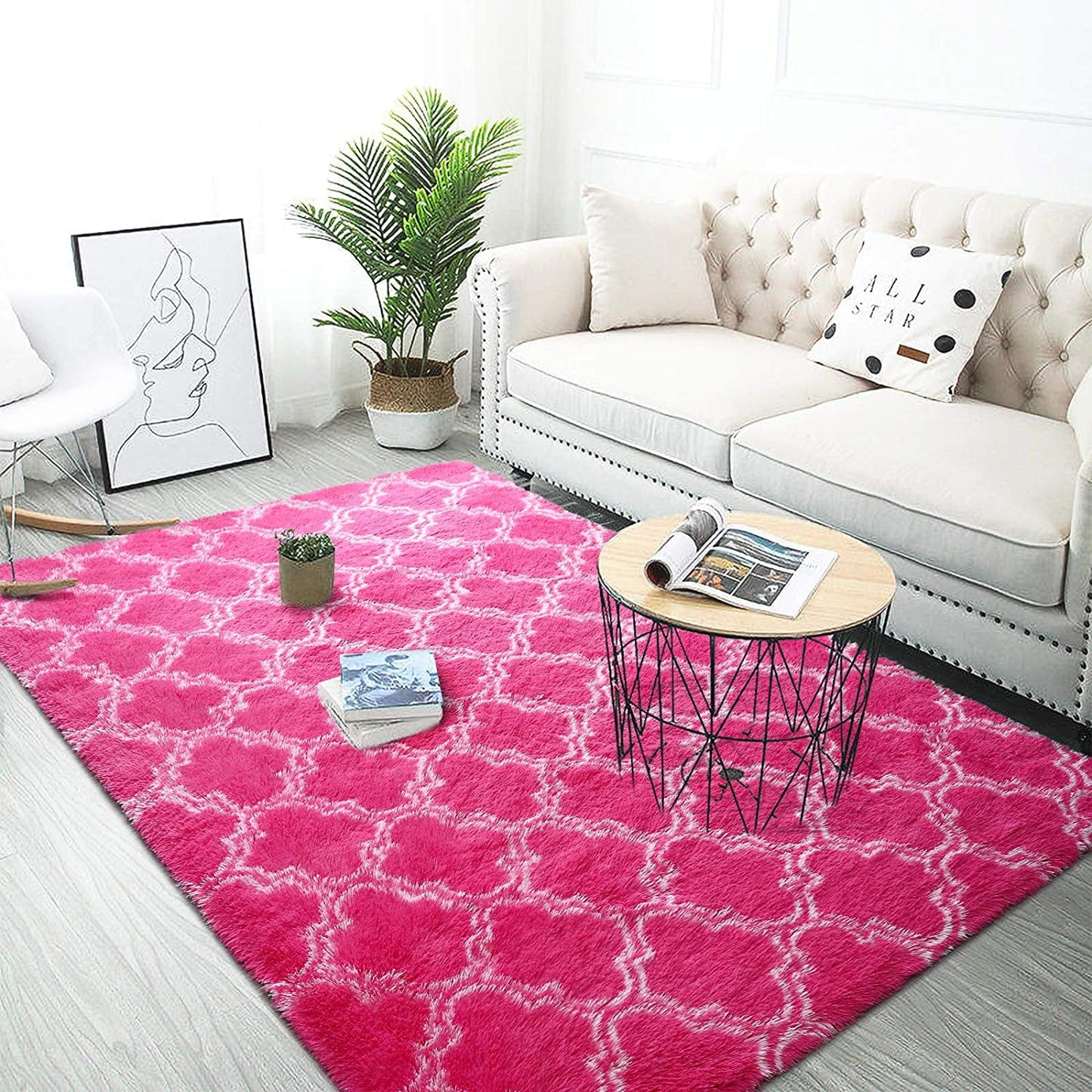 Soft Geometric Area Rugs for Living Room Bedroom Shaggy Print Fluffy Carpets Home Decor Rug,5X8Ft,Hot Pink/White