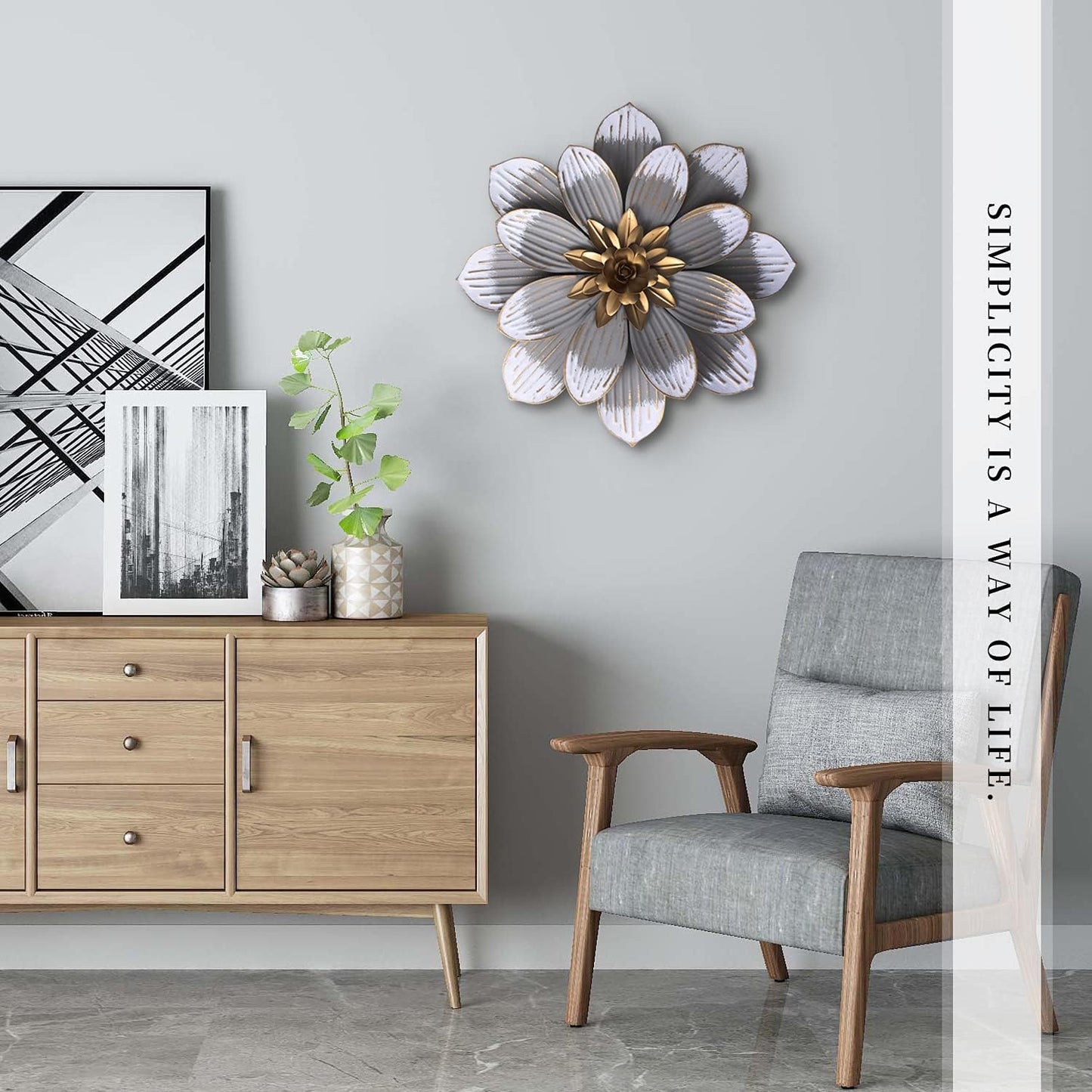 Metal Flower Wall Decor Fence Indoor Outdoor Decoration 13 Inches Grey Flower Art Wall Hanging for Home, Bedroom, Living Room, Bathroom, Garden Hanging Decoration