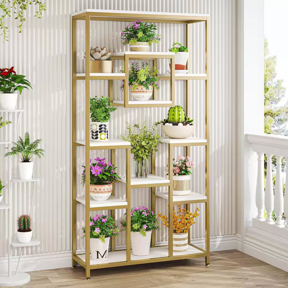 Frailey 71 In. Gold White Tall 11-Tier Large Open Display Bookshelf Geometric Cubed Bookcase Modern Storage Home Office
