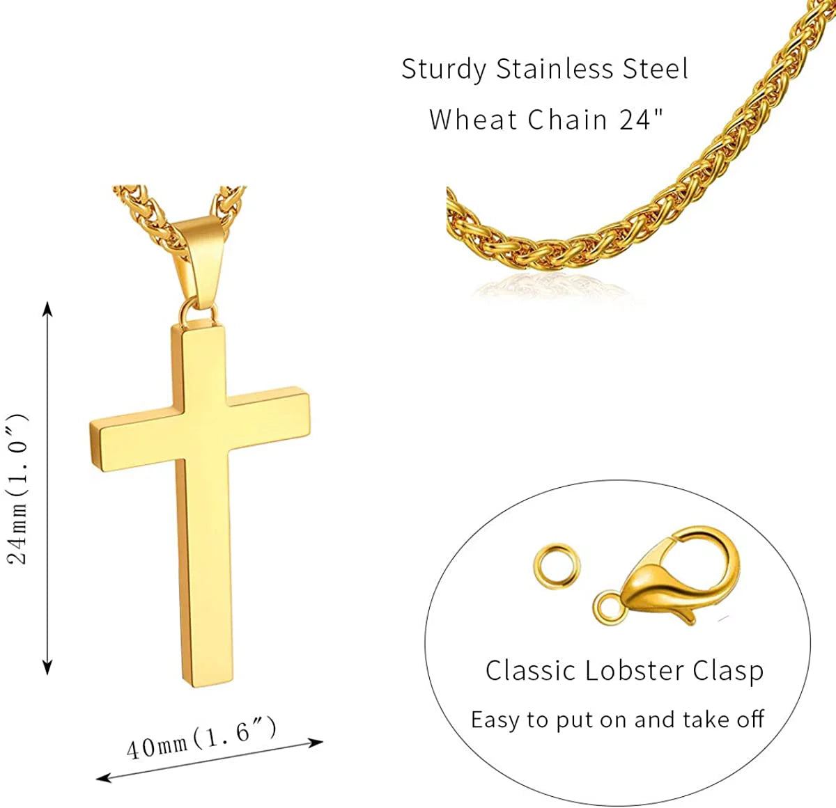 Gold Cross Necklaces for Men Boys Stainless Steel Cross Pendant Chain Catholic Religious Christian Birthday Jewelry Gifts Ideas Dad Husband Son Tween Preteen Boyfriend Teen Teenage Kids Age