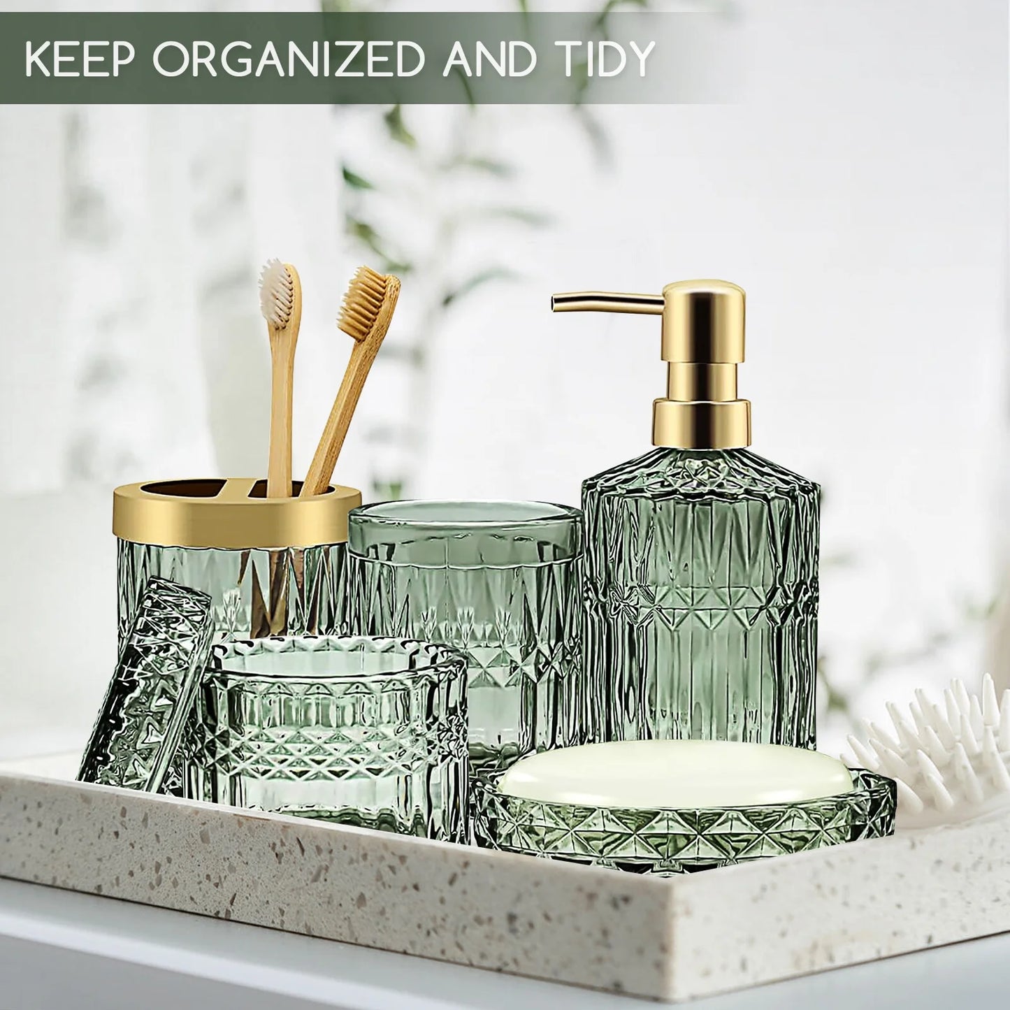 5Pcs Bathroom Accessories Set, Modern Glass Bathroom Accessories with Lotion Soap Dispenser, Soap Dish, Toothbrush Holder, Tumbler, Cotton Swab Jars, Perfect for Bathroom Theme Gift,Green