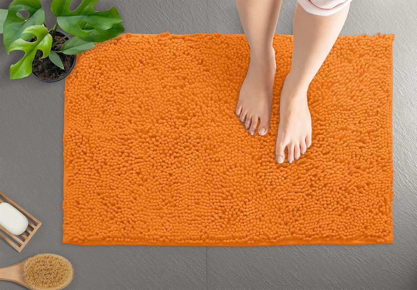 Orange Bathroom Rugs Chenille 2-Piece Bath Mat Set, Soft Plush Bath Rug +Toilet Mat.1'' Microfiber Shaggy Carpet, Super Absorbent Machine Washable - Square Curved Set (20”X 30” + 20”X20” U, Orange)