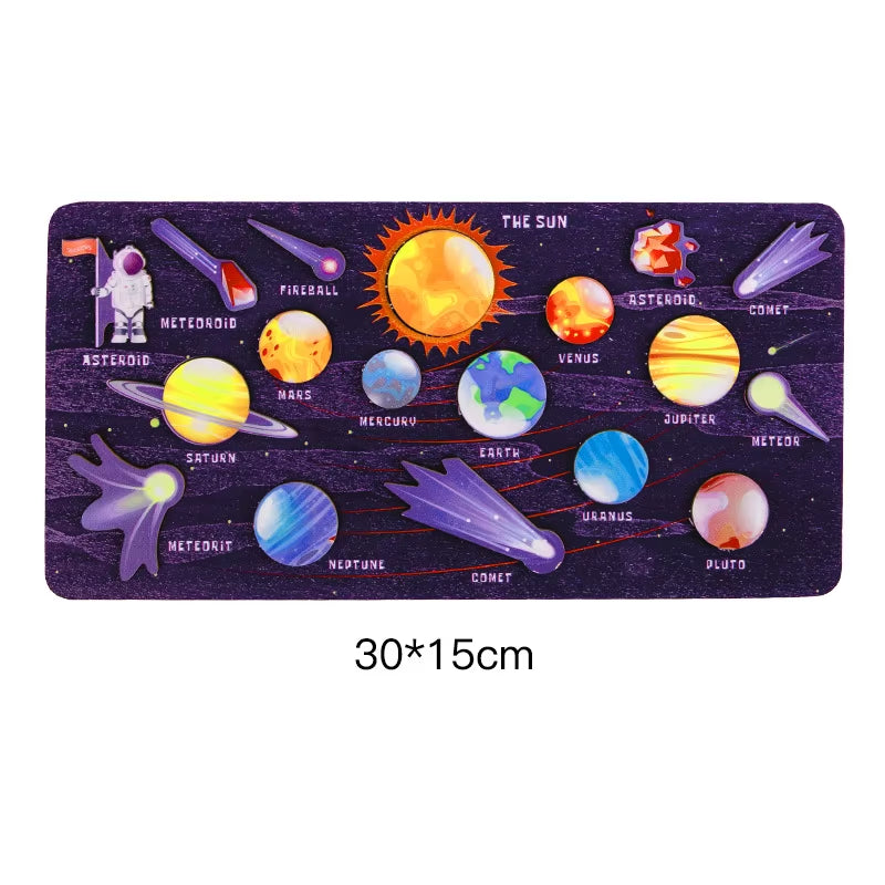 Children Wooden Space Planet Puzzles Montessori Toys Planet Matching Game Jigsaw Tray Universe Solar System Science Learning Toy