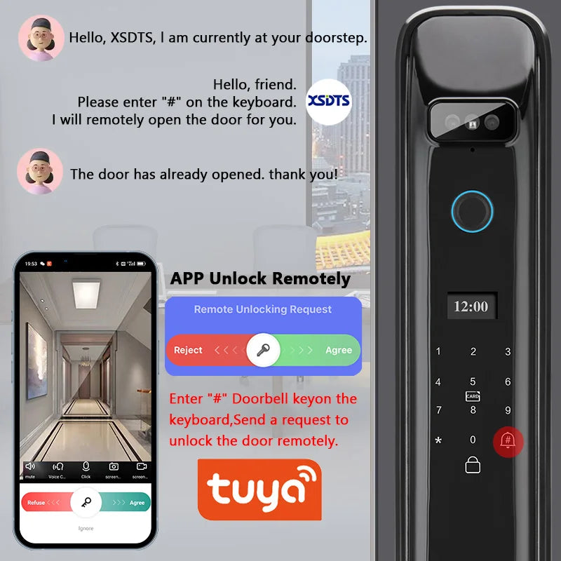 3D Real-Time Intercom Face Recognition Digital Door Lock with Camera Fingerprint Password Unlock Keyless Electronic Door Lock