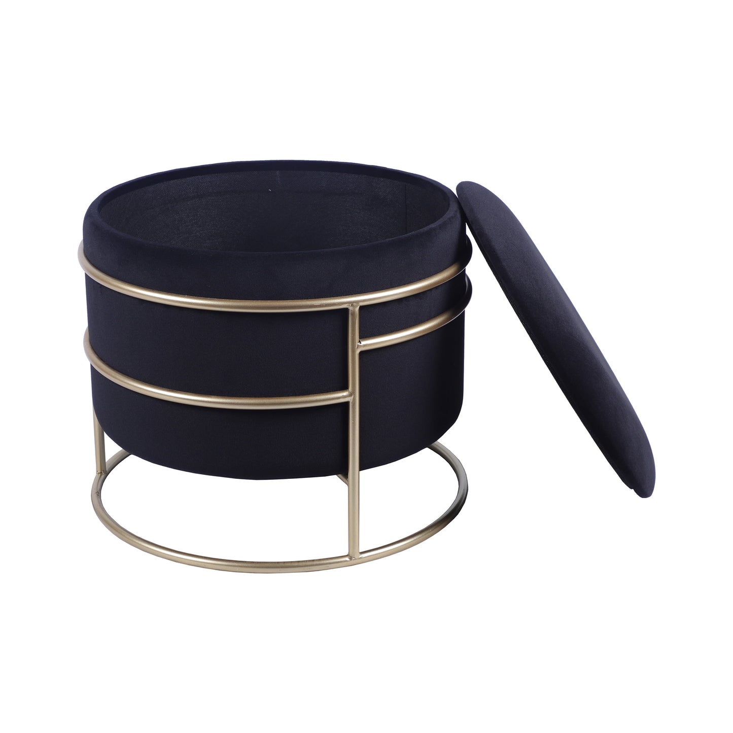 Elegant Velvet round Ottoman with Gold Frame and Storage, Black