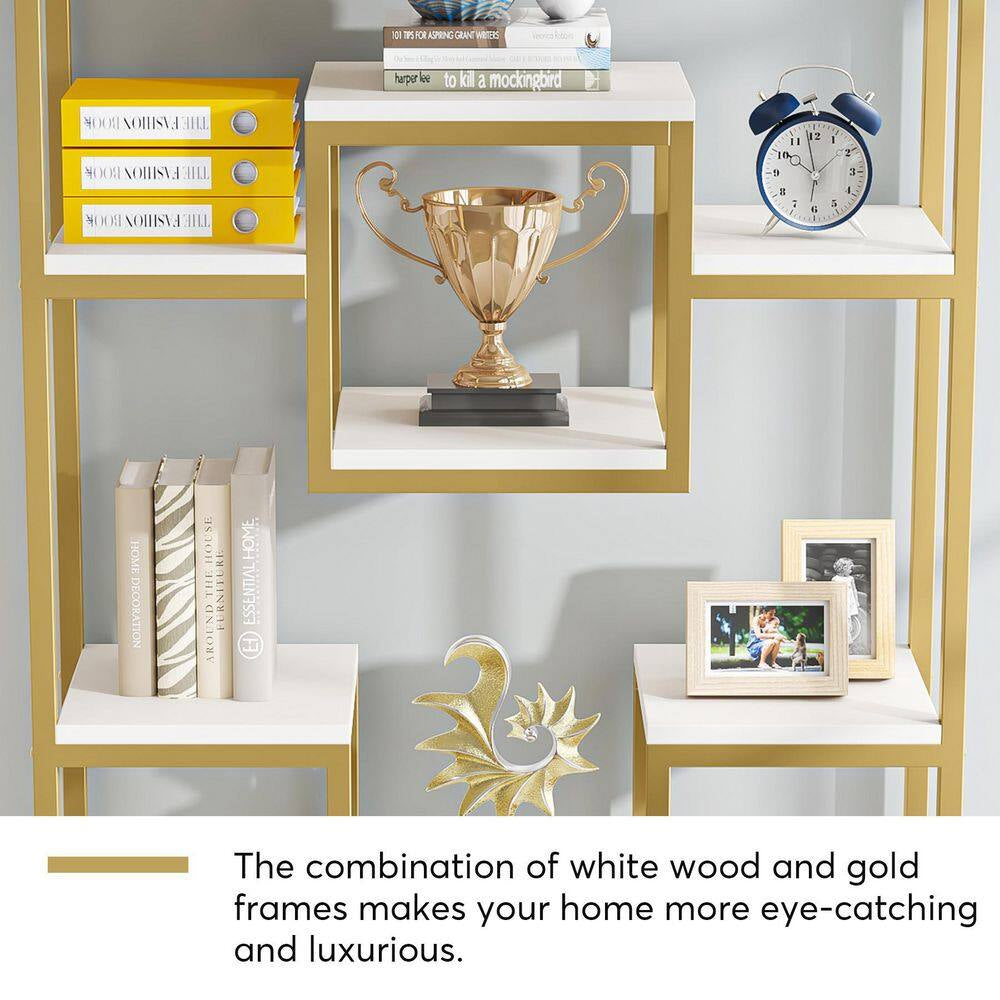 Frailey 71 In. Gold White Tall 11-Tier Large Open Display Bookshelf Geometric Cubed Bookcase Modern Storage Home Office
