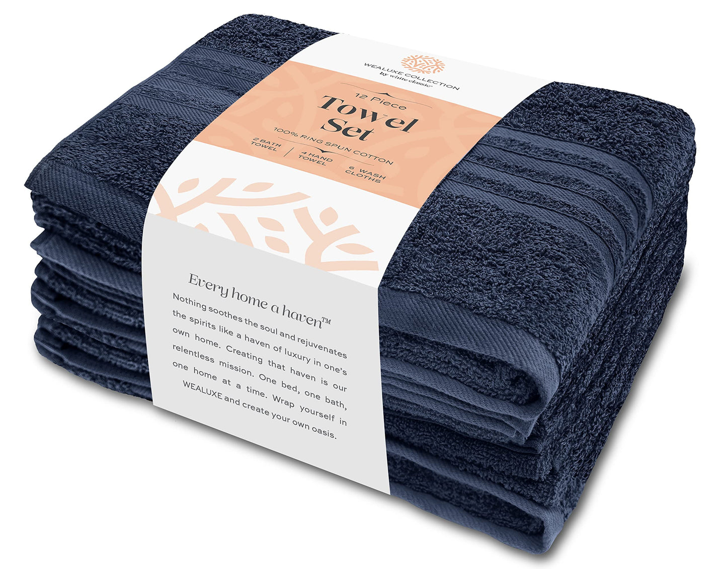 12 Piece Bath Towel Set for Bathroom - Wealuxe Collection 2 Bath Towels, 4 Hand Towels, 6 Washcloths 100% Cotton Soft and Plush Highly Absorbent, Soft Towel for Hotel & Spa - Navy