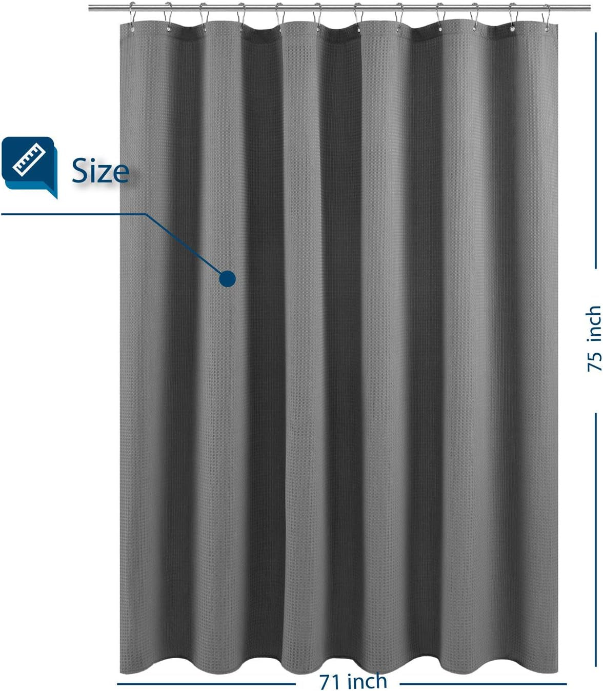 Long Fabric Waffle Weave Shower Curtain 75 Inch Height, Hotel Luxury Spa, 230 GSM Heavy Duty, Water Repellent, Machine Washable, Gray Pique Pattern, 71X75