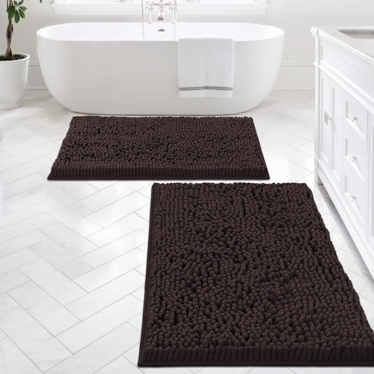 Bathroom Rugs Bath Mats for Bathroom Non Slip Luxury Chenille Bathroom Rugs Extra Soft Absorbent Shaggy Bathroom Mat Rugs Washable Fast Dry 2 Piece (Chocolate, 24" X 36"/20" X 32")