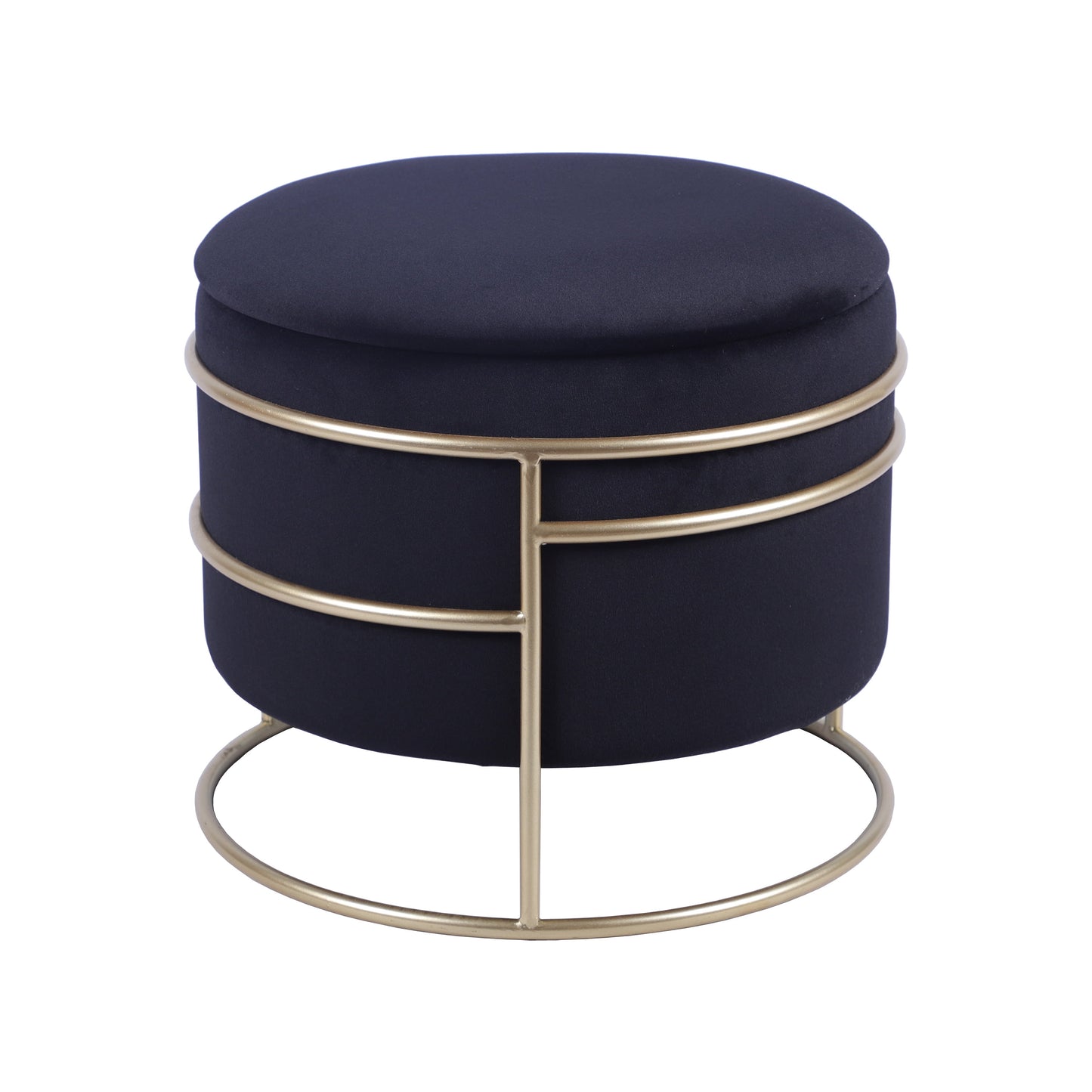 Elegant Velvet round Ottoman with Gold Frame and Storage, Black