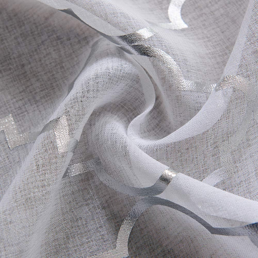 White and Silver Sheer Curtains 84 Inches Long Rod Pocket Moroccan Shiny Metallic Print Voile for Living Room 2 Panel W52 X L84 Inches