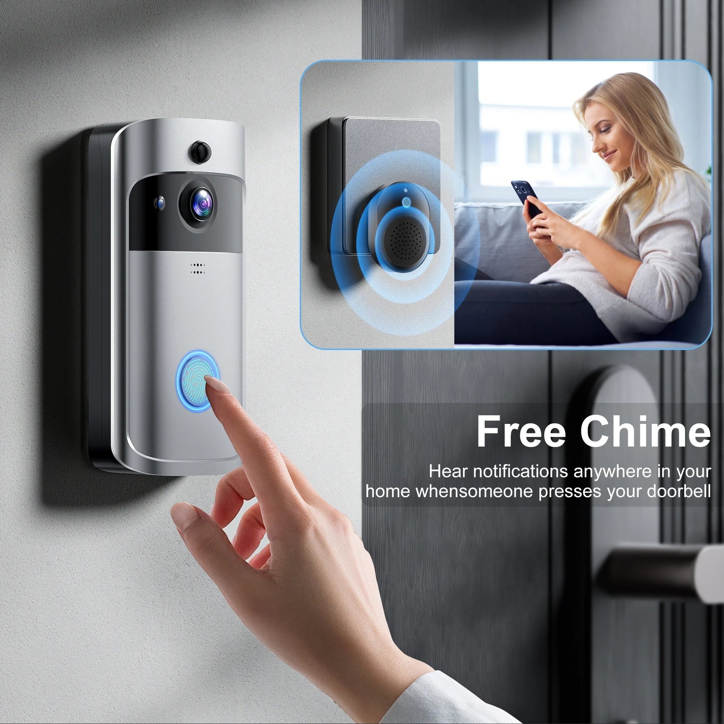 Doorbell Camera Wireless , 1080P Video Doorbell with Chime, Front Door Camera, 2-Way Audio, Instant Alert,Pir Motion Detection,Night Vision,Battery-Powered Smart Doorbell