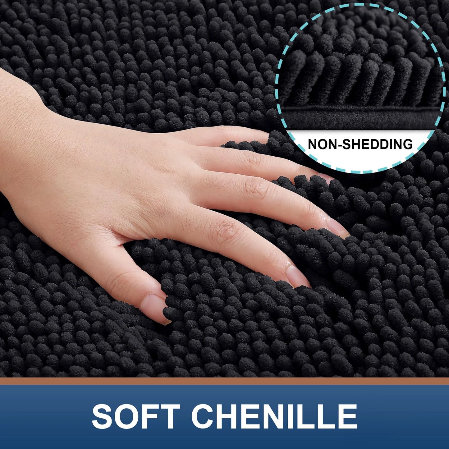 Luxury Chenille Bathroom Rugs, Extra Soft and Absorbent Bath Mat, Black, 24"X47"