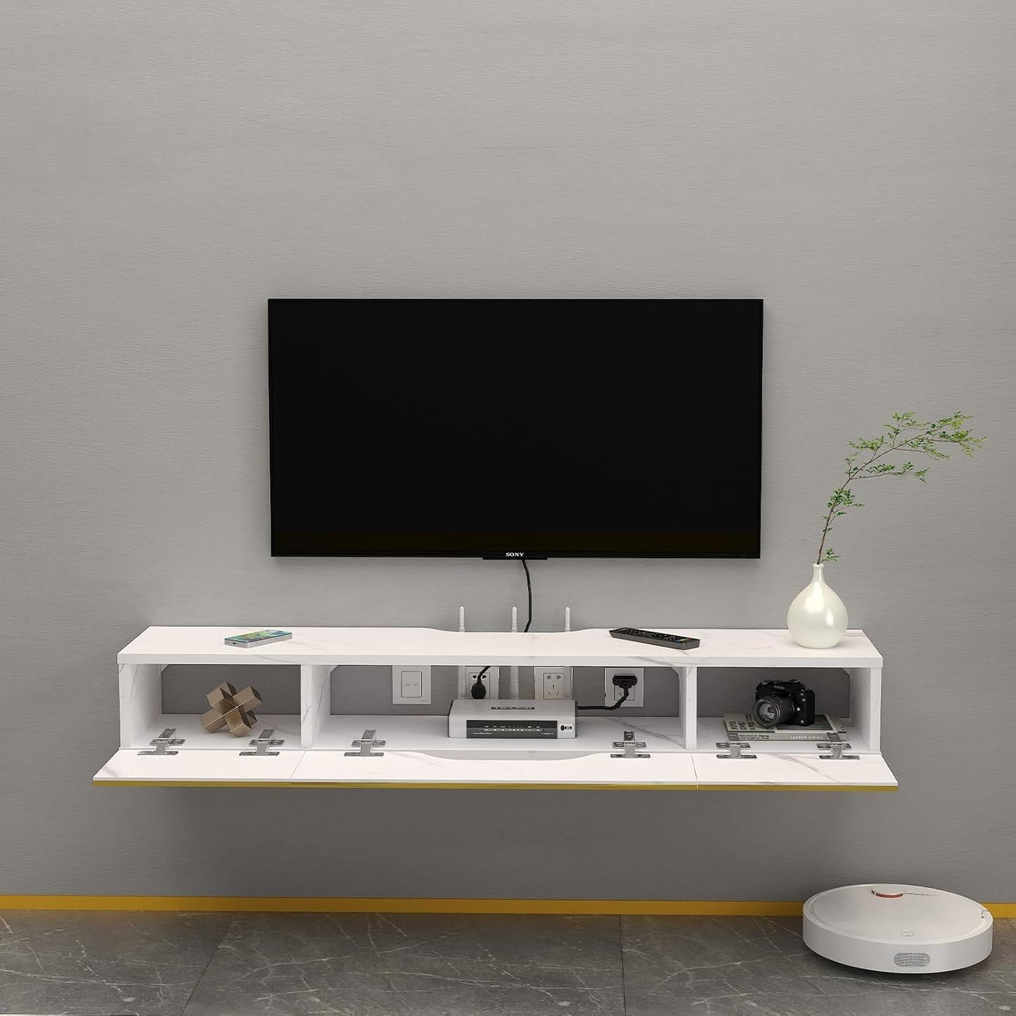 Floating TV Shelf with 3 Doors, 47'' Wall Mounted Wood Floating TV Console Entertainment Media Shelf TV Wall Unit with Storage for Bedroom Living Room(White)
