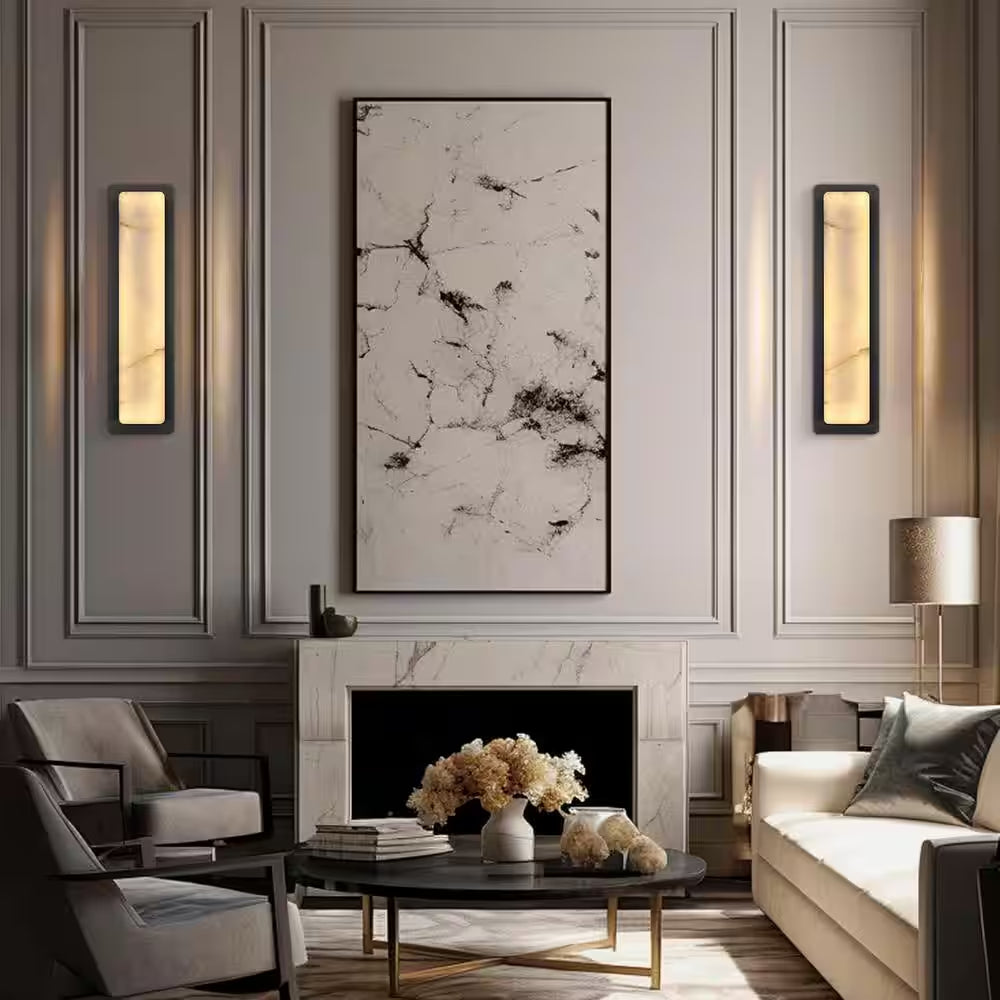 20 In. 1-Light Black LED Wall Sconce, Natural Alabaster Modern Wall Light for Bedroom, Bathroom, Living Room