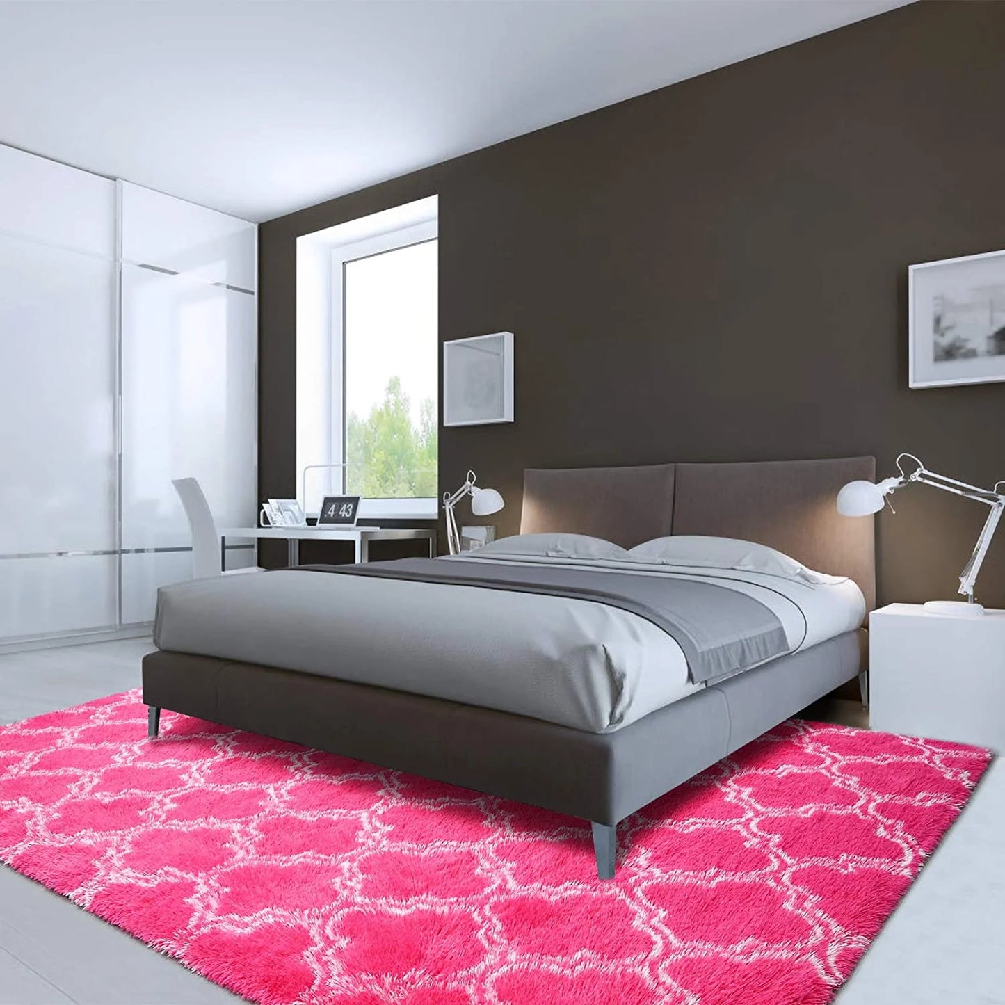 Soft Geometric Area Rugs for Living Room Bedroom Shaggy Print Fluffy Carpets Home Decor Rug,5X8Ft,Hot Pink/White