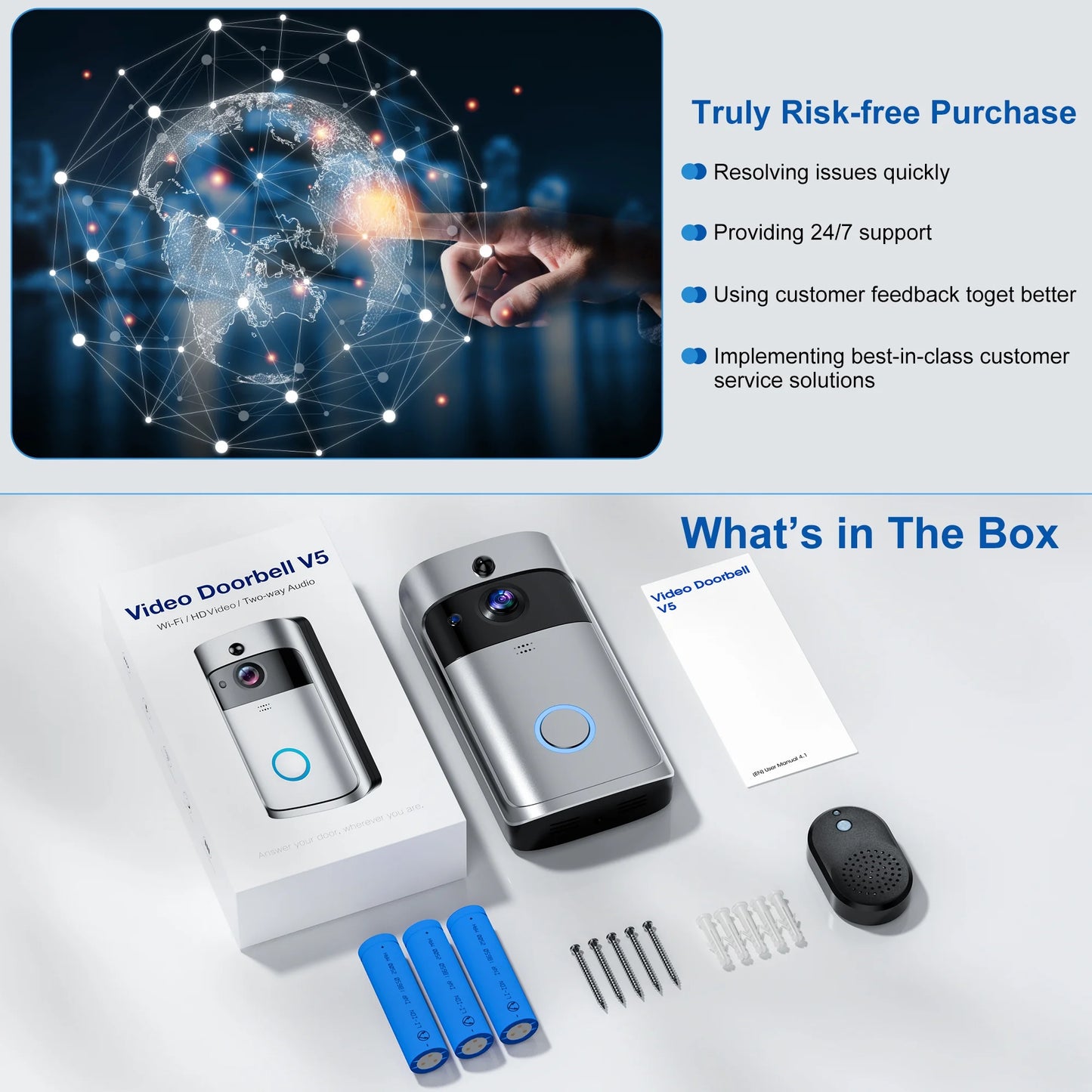 Doorbell Camera Wireless , 1080P Video Doorbell with Chime, Front Door Camera, 2-Way Audio, Instant Alert,Pir Motion Detection,Night Vision,Battery-Powered Smart Doorbell
