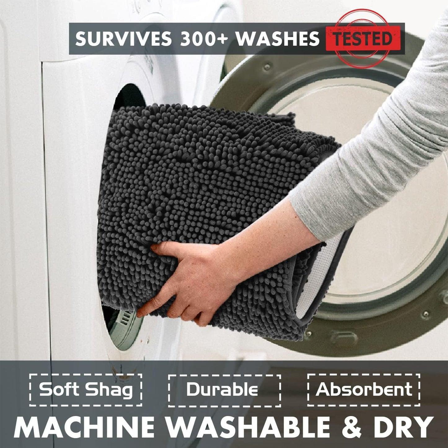 4-Piece Bathroom Rug Set - Soft Chenille Mats, Non-Slip Toilet Mat & Lid Cover for Comfort & Style (20X20 U, 16X24, 20X30 & 19X19 Inches, Black)