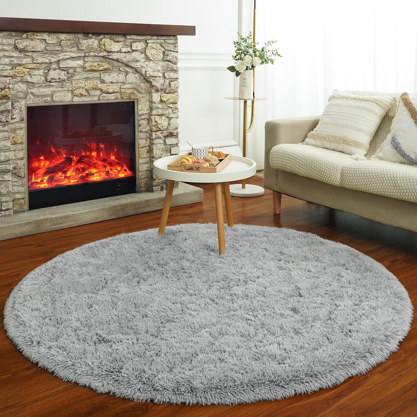 Fluffy round Rug for Kids Room, Soft Circle Area Rugs for Girls Bedroom, Cute Princess Castle Nursery Rug Shaggy Circular Carpet for Teens Girls Baby Bedroom Home Decor, 4 X 4 Feet Grey