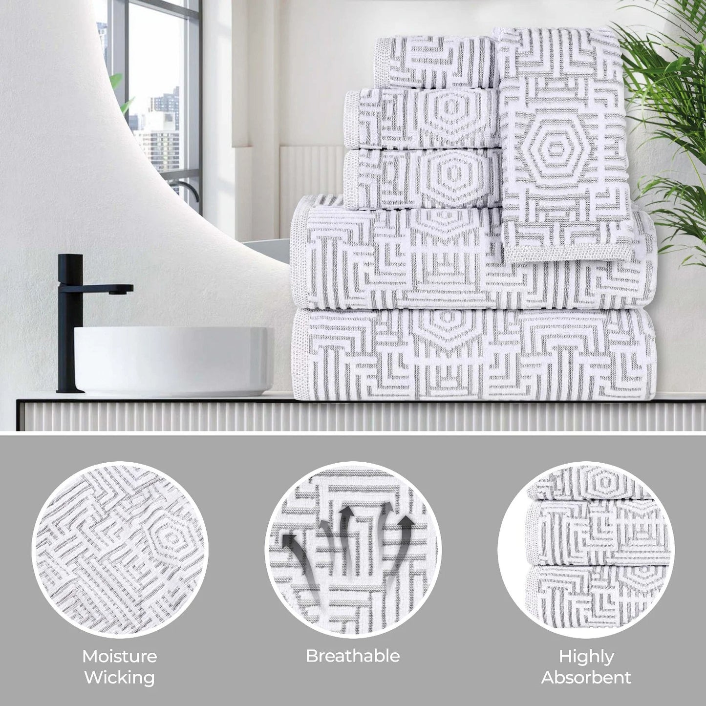 Cotton Modern Jacquard 3-Piece Towel Set, Platinum