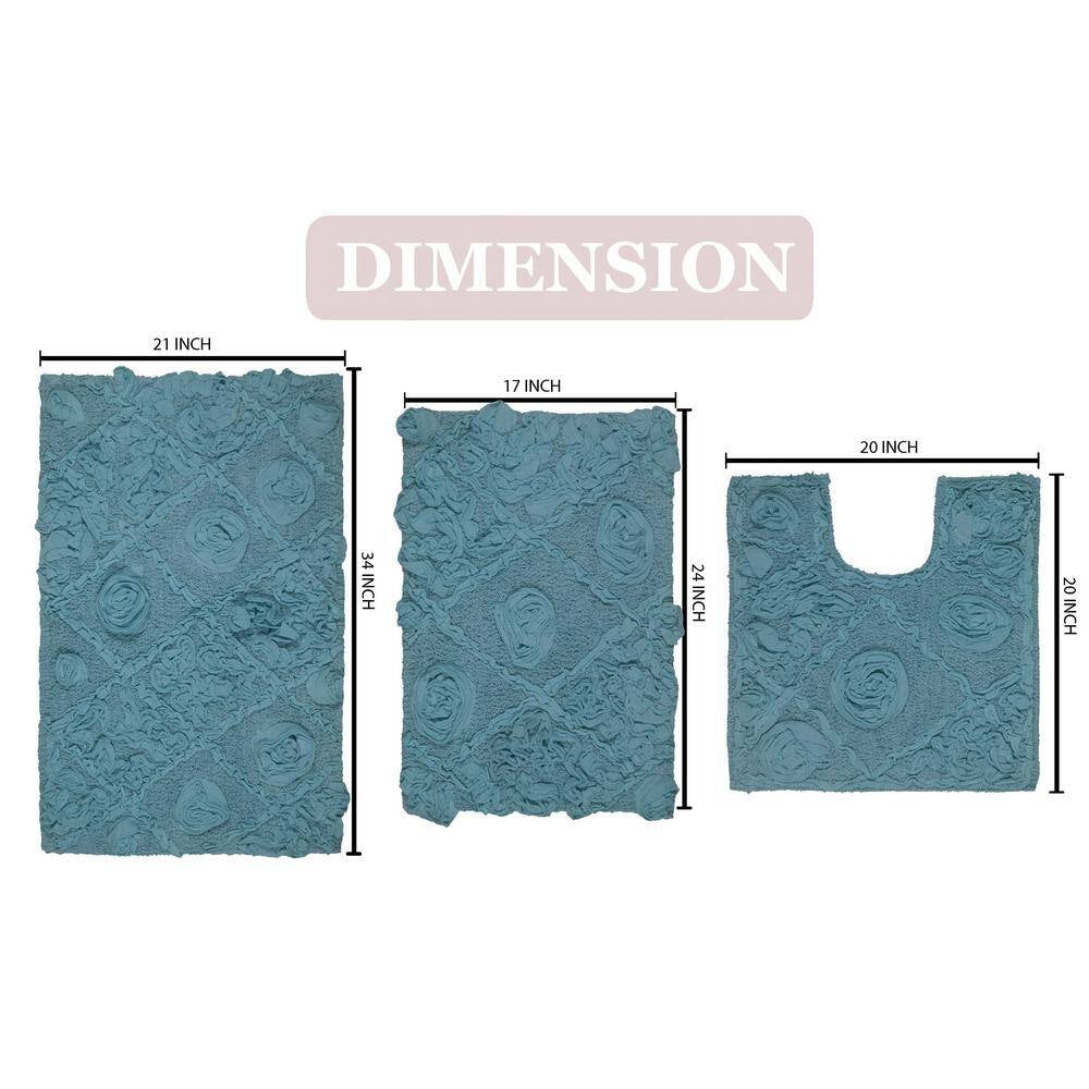 Modesto Bath Rug 100% Cotton Bath Rugs Set, 3-Pcs Set with Contour, Blue
