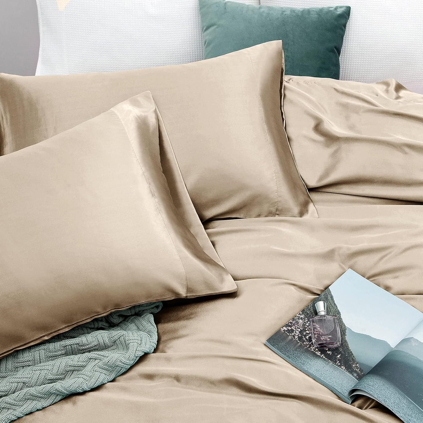 Satin Sheets Queen Size Silky Soft Satin Bed Sheets Taupe Satin Sheet Set, 1 Deep Pocket Fitted Sheet + 1 Flat Sheet + 2 Pillowcases