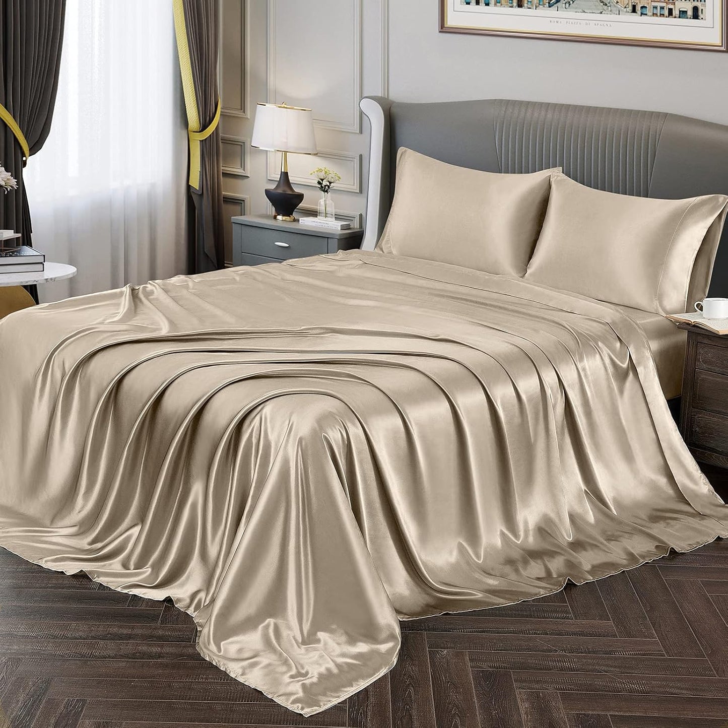 Satin Sheets Queen Size Silky Soft Satin Bed Sheets Taupe Satin Sheet Set, 1 Deep Pocket Fitted Sheet + 1 Flat Sheet + 2 Pillowcases