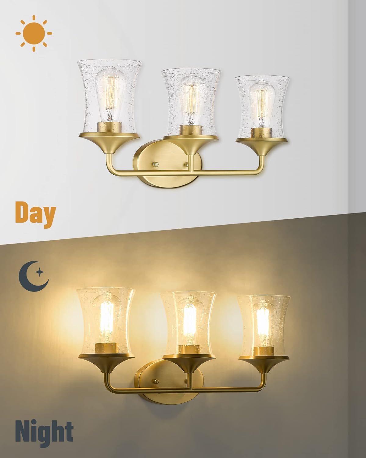 Brushed Gold Bathroom Light Fixtures, Vanity Lights for Bathroom with Seeded Glass Shade for Bathroom