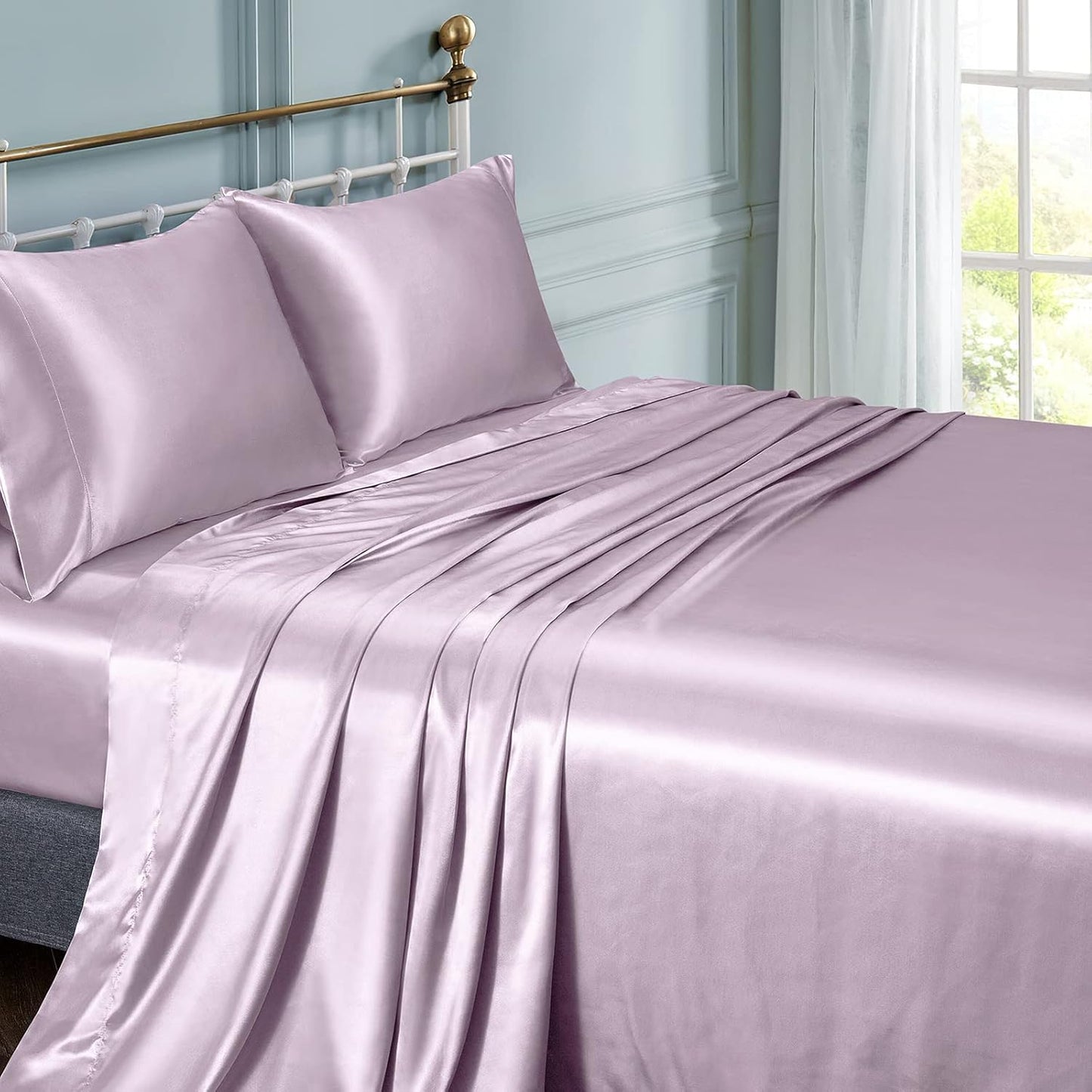 Satin Sheets Full Size Set - Luxury Lavender Satin Sheet Set, Fitted with Deep Pockets + Flat Sheet + 2 Pillowcases