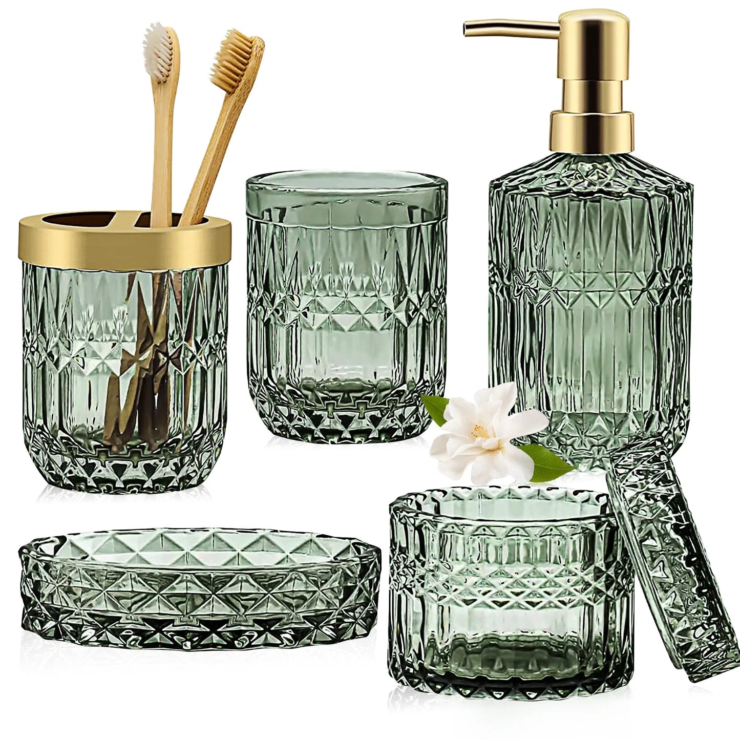 5Pcs Bathroom Accessories Set, Modern Glass Bathroom Accessories with Lotion Soap Dispenser, Soap Dish, Toothbrush Holder, Tumbler, Cotton Swab Jars, Perfect for Bathroom Theme Gift,Green